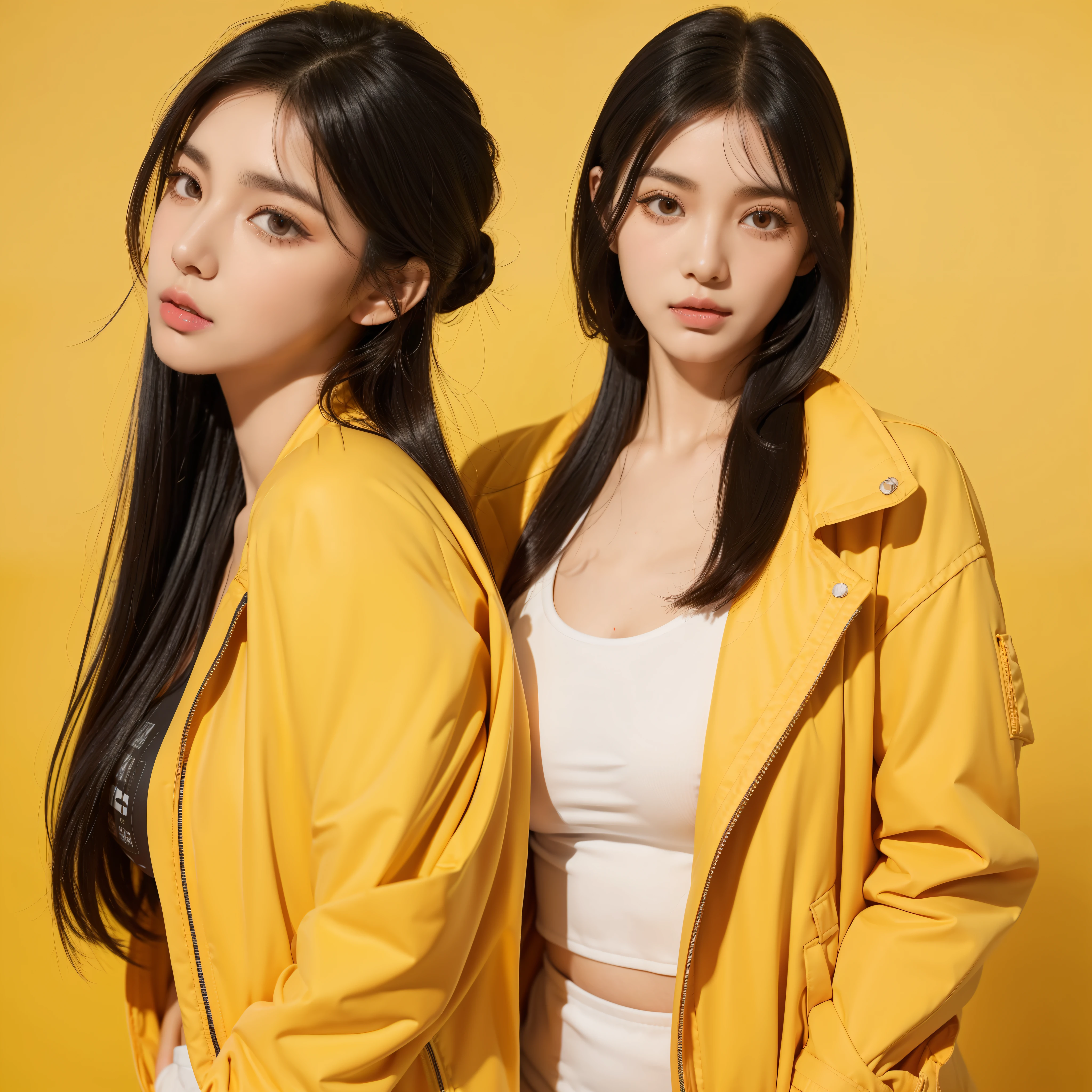 1girl,((closed jacket outfit)) yellow background background,((very beautiful girl)), , ((long eyelashes)), half body, ((big breast: 1.1)), (wearing closed clothes), ((mugshot)), (((sfw)))