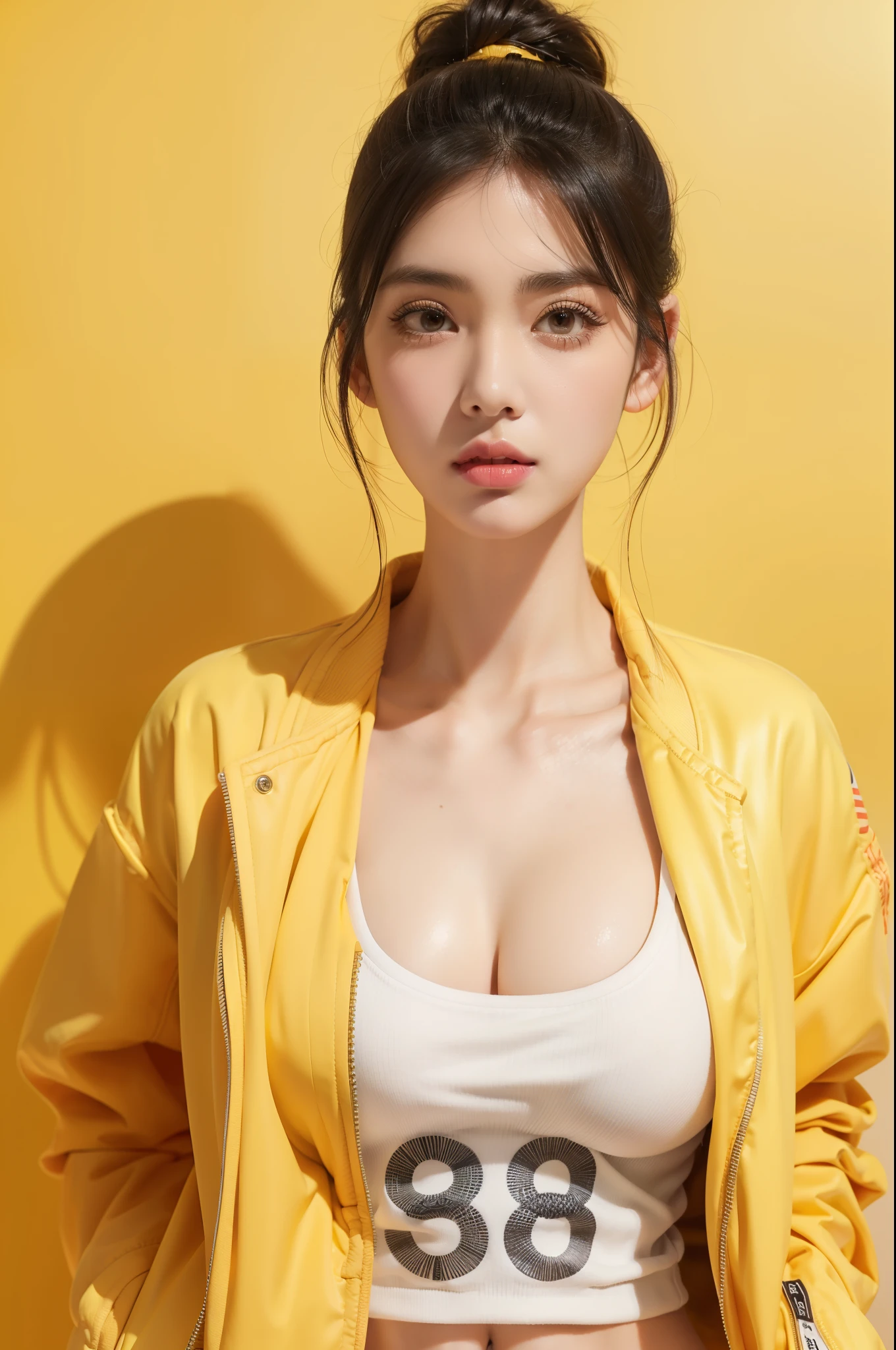 1girl,((closed jacket outfit)) yellow background background,((very beautiful girl)), , ((long eyelashes)), half body, ((big breast: 1.1)), (wearing closed clothes), ((mugshot)), (((sfw)))