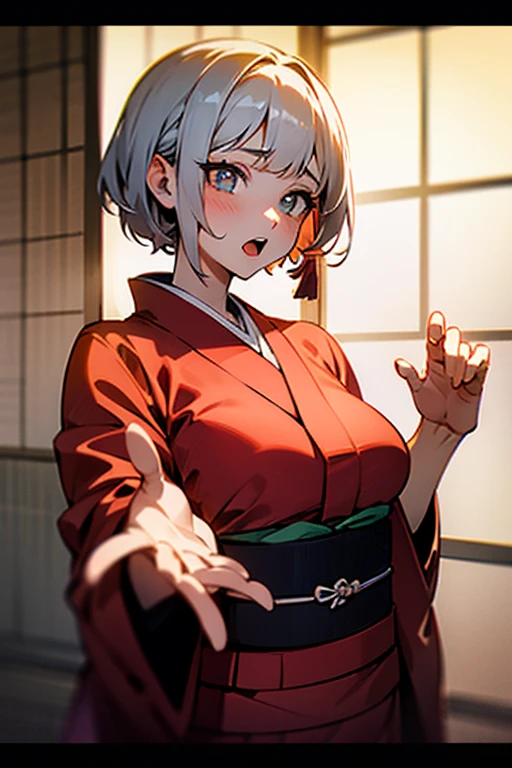 (masterpiece, best quality), nsfw,
1girl, standing, (((reaching))),upper body,
shoot from front,
BREAK 18 yo, short silver hair, beautiful detailed cutest eyes, eyeshadow, lips, gal, large breasts,
surprised, wide-eyed, screaming, constricted pupils,(blush:0.8),
BREAK (((red japanese_kimono))),
BREAK japanese style room
