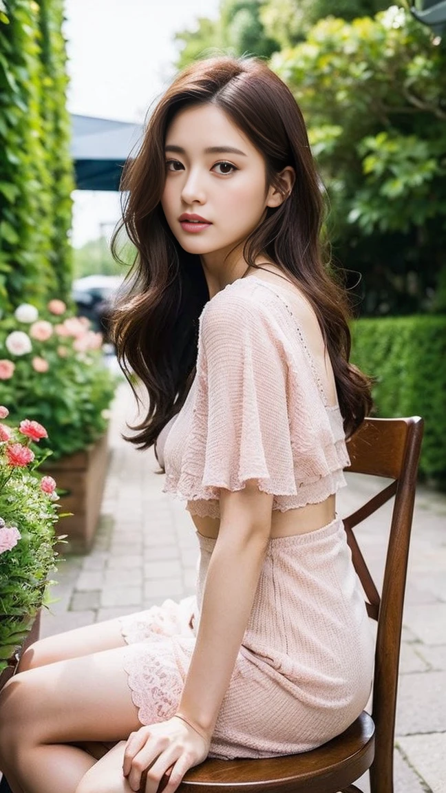 dark brown hair、light brown eyes、Japanese actress face、 lady、looks like him;I'm about 40 years old、(intricate details:1.2)、(Which is the top?:1.4)、 (Super high resolution:1.2)、Super high resolution、(finely tuned)、(detailed facial features)、nffsw、8K resolution、D cup size breasts、long hair、Paris、Parisのカフェ、Pink flowers bloom at the entrance of the cafe.、Cafe entrance surrounded by flowers、sitting on a chair on the terrace of a cafe、leaning on the back of the chair、beautiful legs、full body photo、head to toe shot、