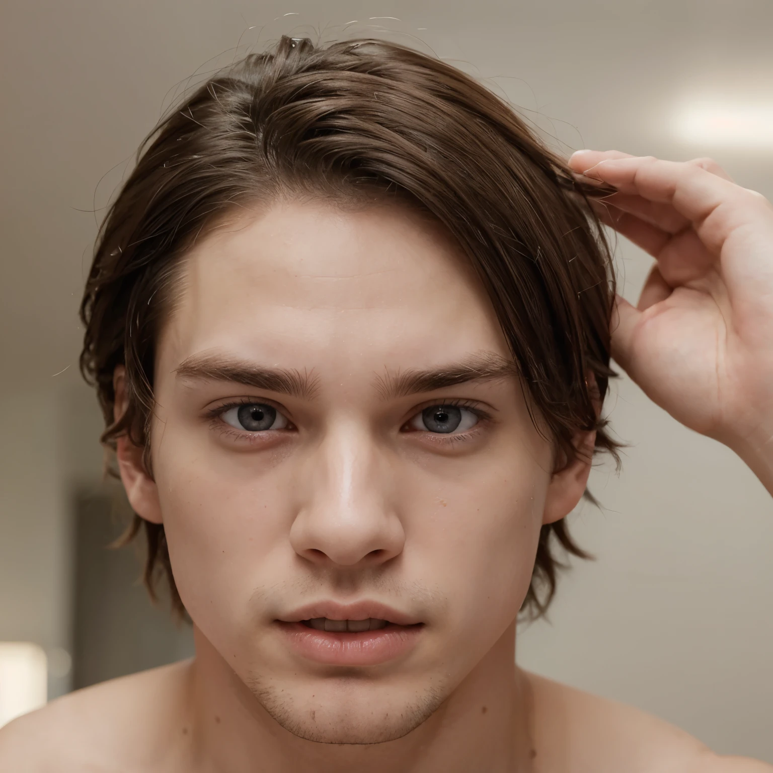 Man with pale white skin. His hair goes down to his shoulder blades. His hair is brown. His eyes are brown. His eyes are yin sanpaku eyes. He has eye bags. He has a small tongue ring. He has a gap between his two front teeth. He is 24 years old. Looks attractive yet roughed up.