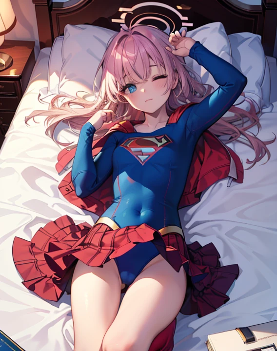 ((highest quality, masterpiece, disorganized) ,supergirl,sleeping face up in bed,Crab crotch,please show me your boots , ,long hair, hair with volume, hair loss, expressive eyes,Blue Bodysuit,red skirt,red heel boots,blue leotard,view of other buildings ,defeat,detailed description,solo 1 girl,