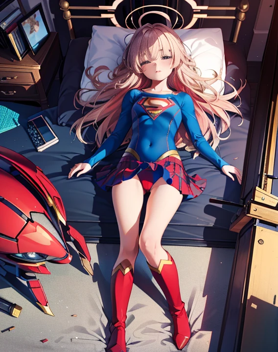 ((highest quality, masterpiece, disorganized) ，supergirl，sleeping face up in bed，Crab crotch，please show me your boots , ************,long hair, hair with volume, hair loss, expressive eyes,Blue Bodysuit，red skirt，red heel boots，blue leotard，view of other buildings ,defeat，detailed description，solo 1 girl，