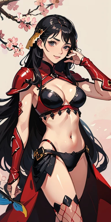 (masterpiece), best quality, expressive eyes, perfect face, ((crimson armor)), black hair, closed smile, athletic body, slim figure, lace bikini, pelvic curtain, exposed midriff, large breasts, cleavage, ((fishnets)), watercolor, sakura blossom background