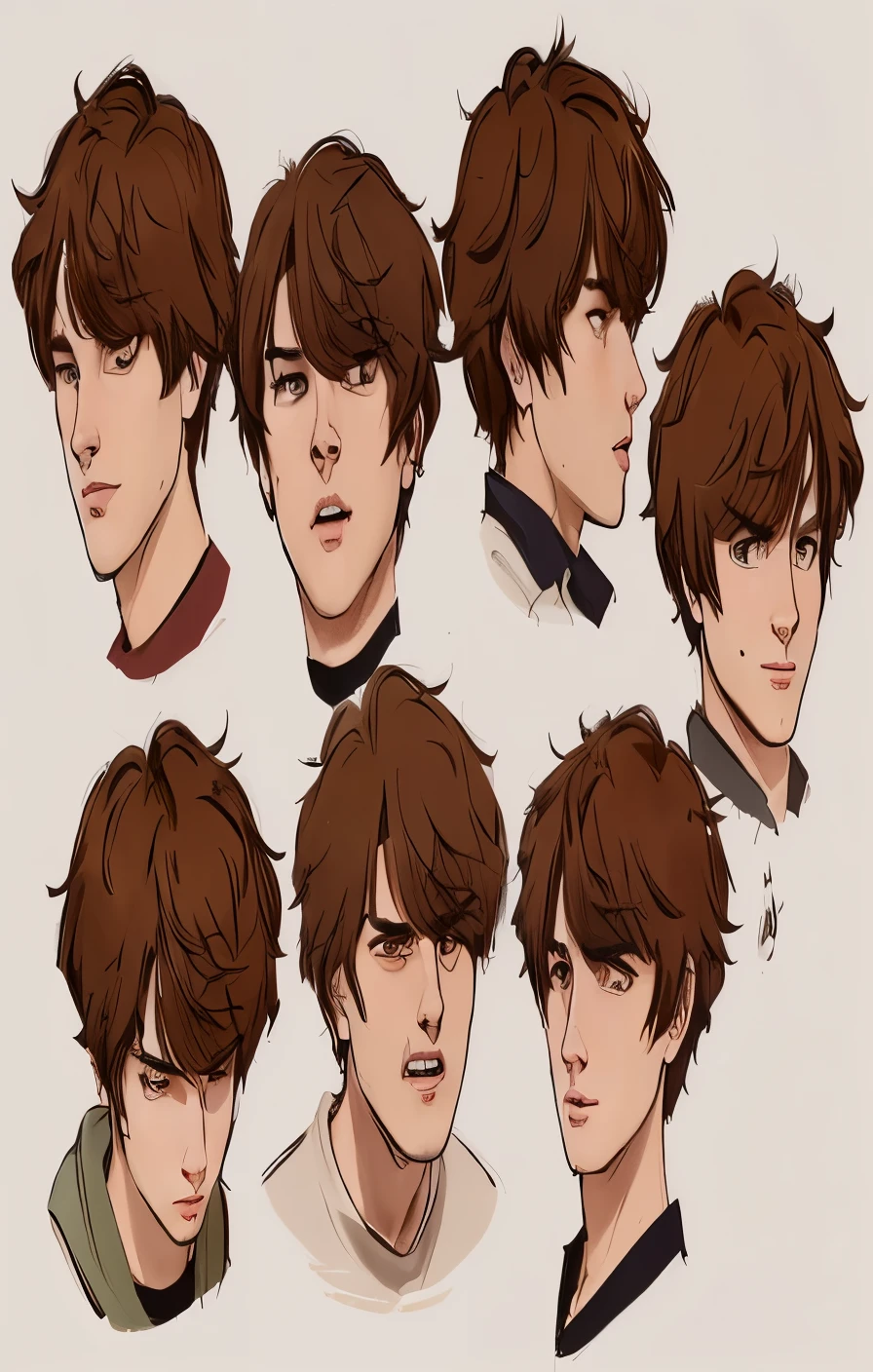 a bunch of different faces of a young man with brown hair, tyler jacobson style, male realistic style, only a few bangs of hair, in an realistic style, ultra realistic style character, male character design, realistic art style, colored concept art, character headshot concept art, professional character design, neutral expressions, face variations, he has short curly brown hair