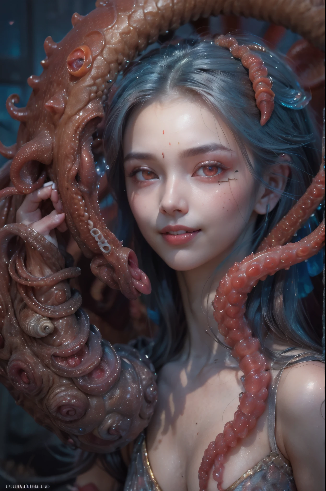scary and sexy detailed art in color, Portrait, (beautiful and obscene female alien:1.4), (vulgarity1.5), (she has red eyes with no pupils:1.8), (Translucent skin:1.7),  (There is a female genital-like organ in the middle of the forehead:1.9), (The most beautiful face in the history of the universe:1.2),an evil gaze that seduces, (large mouth:1.1), (sharp teeth like a vampire:1.2), Full body portrait, (bio luminescent:1.5), (Smile wickedly:1.3),  (sexypose:1.5), alien, No humans, cells are fused, (Lots of translucent tentacles:1.3) extraterrestrial, cell, bio image, best quality, 8K,In 4K_quality, High freshness, Dramatic Lighting, masutepiece:1.5,cinematic quality, detail up, (exquisite details:1.2), high resolution, High freshness, drawing faithfully, (Thick eyebrows:1.2), Beautiful eyes with fine symmetry,(Highly detailed face and eyes:1.2), Intimate face, (Super detailed skin quality feeling:1.4), perfect anatomy,  (Beautiful toned body:1.5),  (Moist skin:1.2), not wearing makeup, (dark circles:1.1), long canines, cinematic drawing of characters, ultra high quality model, cinematic quality, detail up, (exquisite details:1.2), high resolution, High freshness, drawing faithfully, official art, Unity 8K Wall  , 8K Portrait, best quality, Very high resolution, ultra detailed artistic photography, midnight aura,  unreal engine 5, Ultra Sharp Focus, art by Amano Yoshitaka, ArtGerm, Roisch, intricate artwork, best quality, masterpiece, ultra high resolution, (photos realistic:1.4), ultra realistic realism, dream-like, nautilus, Creation of fantasy, Snail, Dream Snail, (biopunk nautilus:1.3),Thrilling color schemes, ultra realistic realism, seductively smiling, Blue tentacles,