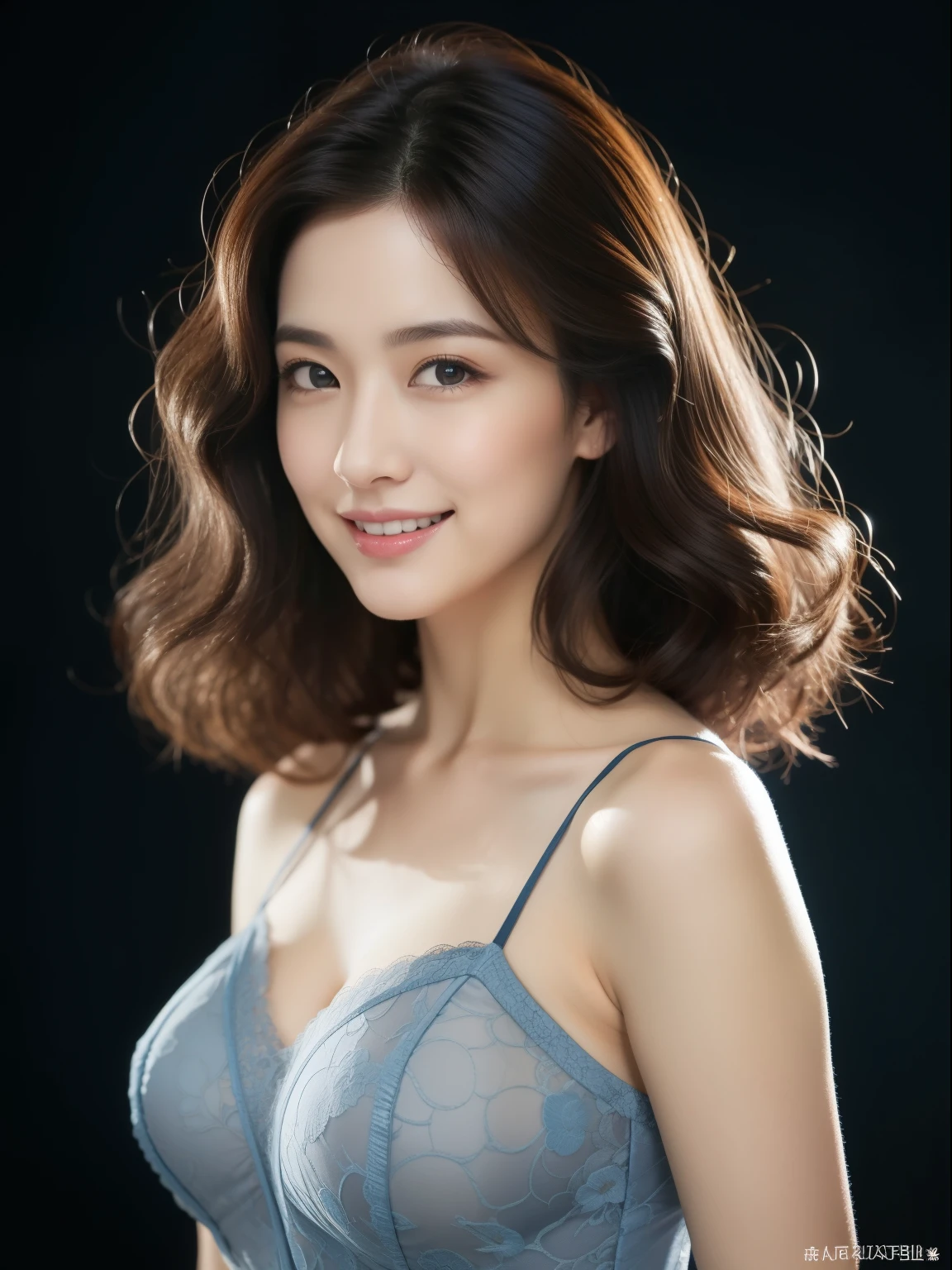 beautiful 31 year old woman。She is wearing a tight camisole of light blue-gray satin fabric。Black lace on chest and hem.。sweet smile。her dark brown hair 、her hair is long and curly。High resolution、masterpiece、highest quality、head w:1.4、((Hasselblad Photos))、fine skin、fine knit、(movie lighting)、clavicle