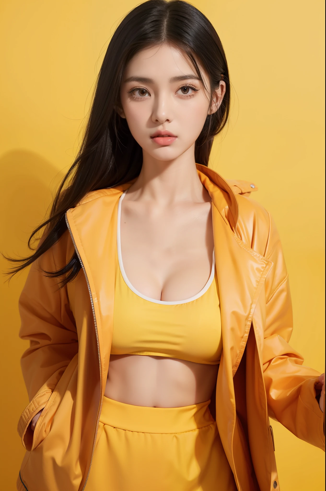 1girl,((closed jacket outfit)) yellow background background,((very beautiful girl)), , ((long eyelashes)), half body, ((big breast: 1.1)), (wearing closed clothes), ((mugshot)), (((sfw)))