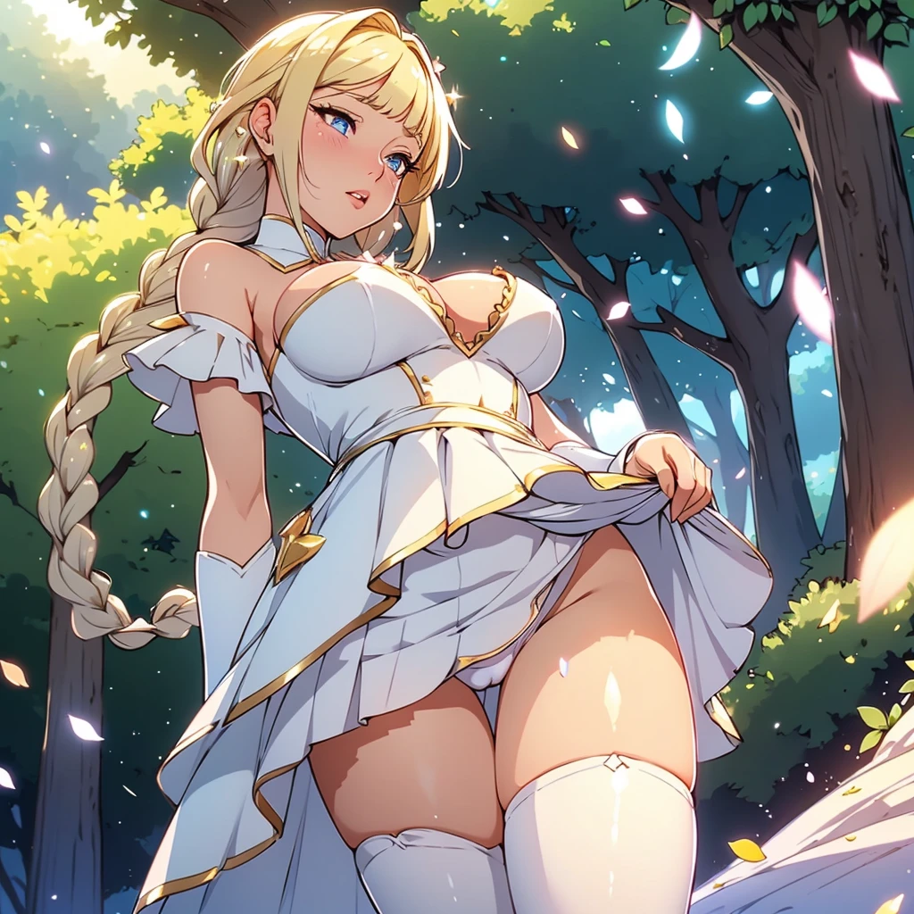 finest image, portrait, beautiful cute woman, amorous expression, lewd expression, ecstasy, orgasm, blonde braided bangs iridescent short hair, gold sparkling big eyes, red alluring moist big thick lips, medium breasts, slender, perfect proportion, long thin legs, navy blue and white girly ruffle dress, skirt lift, white panty, white knee high socks, thighs, background fantasy, a hill with a large tree full of fresh greenery, that emits fantastic light, light particles, light sparkles, petals, scatter gold and silver glitter and confetti, iridescent light particles, detailed and delicate depiction, professional lighting