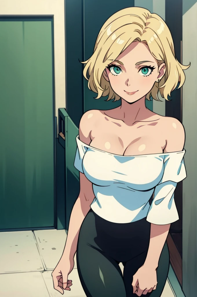 front view, cowboy_shot，facing_viewer，solo, A woman, leggings, white off the shoulder top, short hair, blonde hair, wavy hair, bob hair, bare shoulders, trendy, green eyes, blank background, walking posture, smiling, being seductive, large breast 