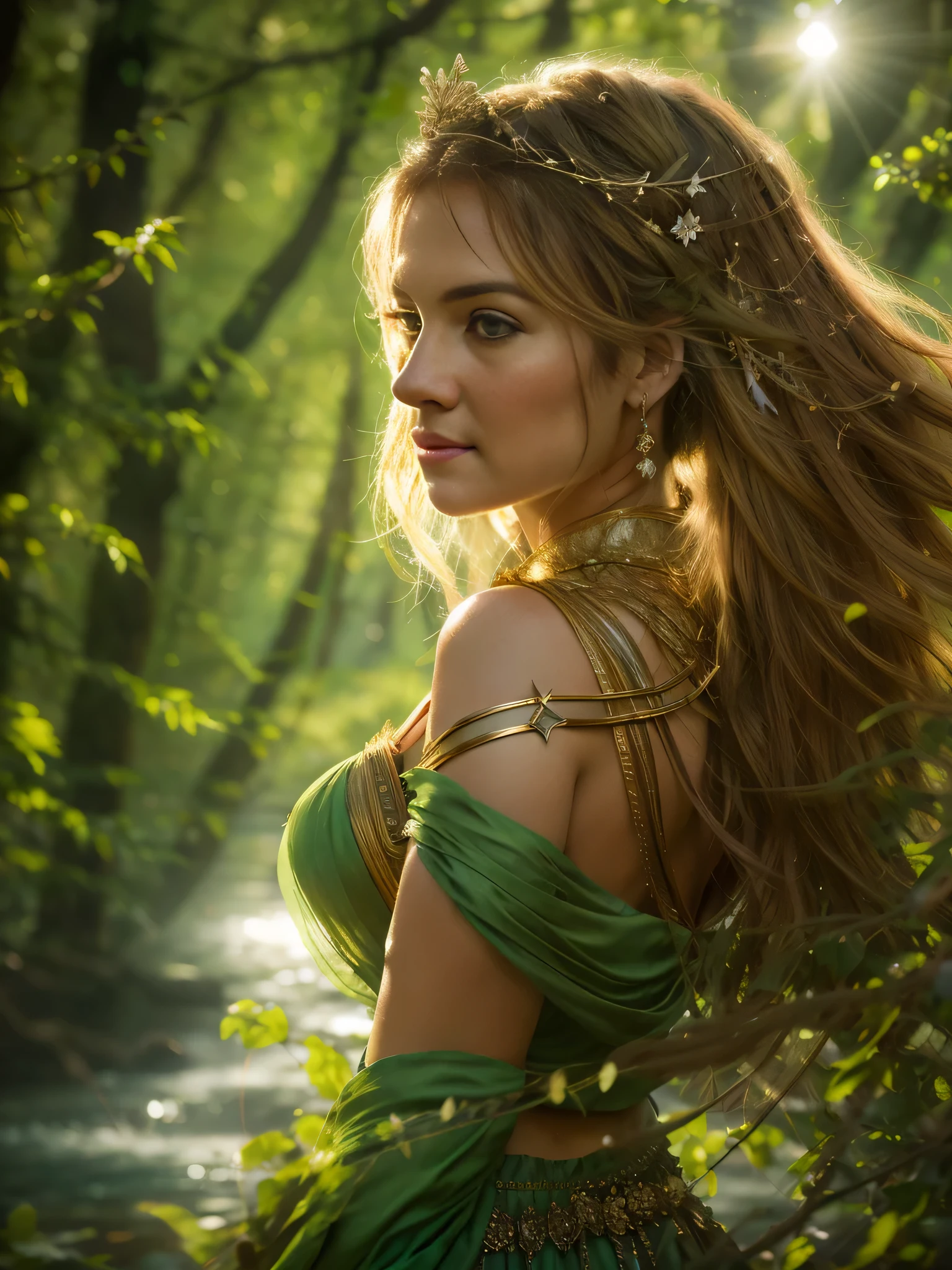 epic closeup photo portrait, amazing movie poster, Una hermosa joven hada con alas., lord of the rings style, vestido con una tela suave y larga de color verde brillante , colocando el sable en su pecho con cara feroz, al lado de un arroyo, luz natural, a beautiful forest visible through the branches, tendencia en artstation,professional photo studio, uhd, hola detallando, dramatic lighting, luz de fondo,Mejor calidad, alta calidad, high resolution, morning dew natural day lighting, studio lighting,mejora de detalles, high resolution array, profundidad de campo, movie, arte lineal, afilar.