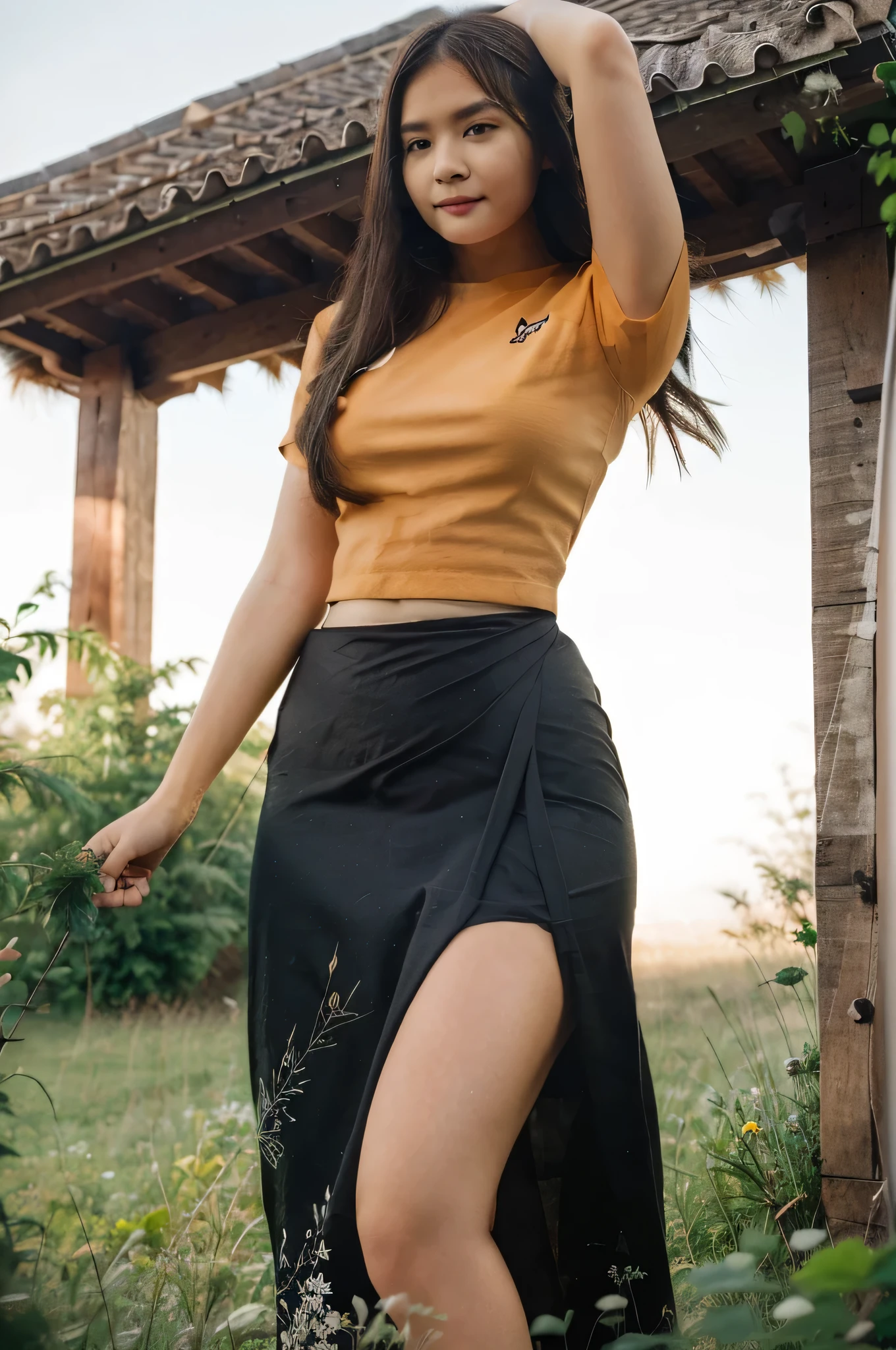 highly detailed illustration, best quality, masterpiece, 1 girl, long hair, v shape face, sunlight, acmm ss outfit, wearing acmm top, black acmm top, short sleeves, wearing acmm long skirt, bright orange acmm long skirt, printed skirt, field background with small wooden house,8k resolution