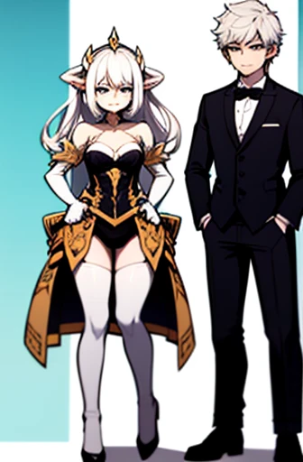 whilst exploring a snow covered forest, two people notice you, one is a Tall, cute, sexy, young queen, with white hair and small white horns, grey eyes, a white goat tail, wearing black metallic cyan trimmed armor, black crown with blue crystals, looks at you in sadness and joy, she clearly is very shy but glad to see you yet you can tell she knows you'll die soon. the other who is next to her is a smart, short, handsome, young male scientist, looking at you in the same way, he has white hair, small white horns, and a white goat tail, wearing a white labcoat and Black formal shirt, black formal pants, and black formal ahoes. they are big sister and little brother. full body view, intricatedetails, the sister is 23, while the brother is .