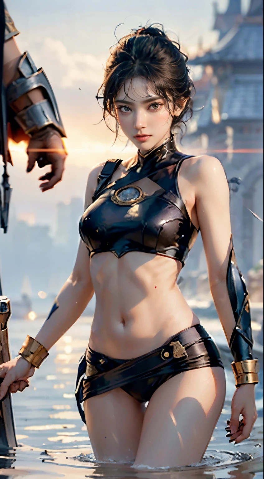 (The FW), 1womanl, Solo, 24 year old, 7headed body, (cute  face), (Ideal ratio body proportions), long , Fantasia, Magic Effects, (((A warrior))), , heavy wind, The costume sheer, Wet, short-hair, Dark hair, small tits, A slender, Small buttocks, beauty legs, Skinny Legs, surrealism, Cinematic lighting, depth of fields, One-person viewpoint, F/1.8, 135 mm, nffsw, masterpiece, accurate, ((Anatomically correct)), Textured skin, Super Detail, high details, High quality, awardwinning, Best Quality, hight resolution, 8K