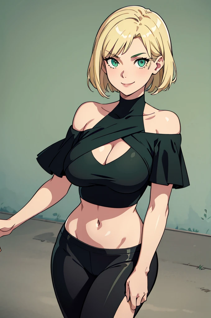 front view, cowboy_shot,facing_viewer,1 girl, solo, black leggings, white off the shoulder top, short hair, blonde hair, wavy hair, bob hair, bare shoulders, trendy, green eyes, blank background, walking posture, smiling, being seductive, large breast