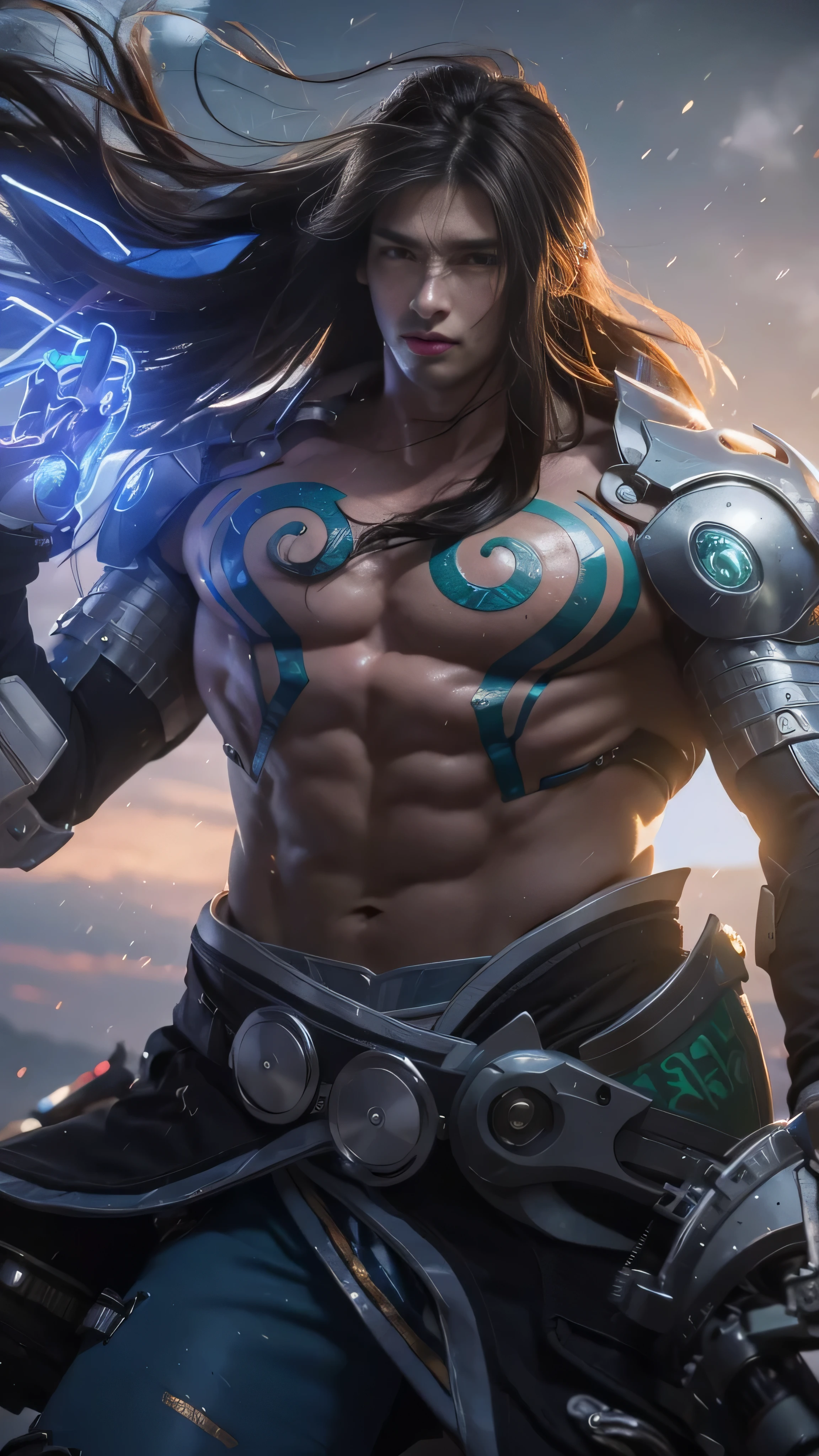 8k, very detailed, close-up view of a man and blue light