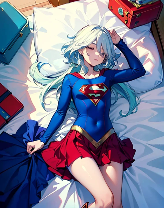 ((highest quality, masterpiece, disorganized) ，supergirl，sleeping face up in bed，Crab crotch，please show me your boots , 17 years old,long hair, hair with volume, hair loss, expressive eyes,Blue Bodysuit，red skirt，red heel boots，blue leotard，view of other buildings ,defeat，detailed description，solo 1 girl，