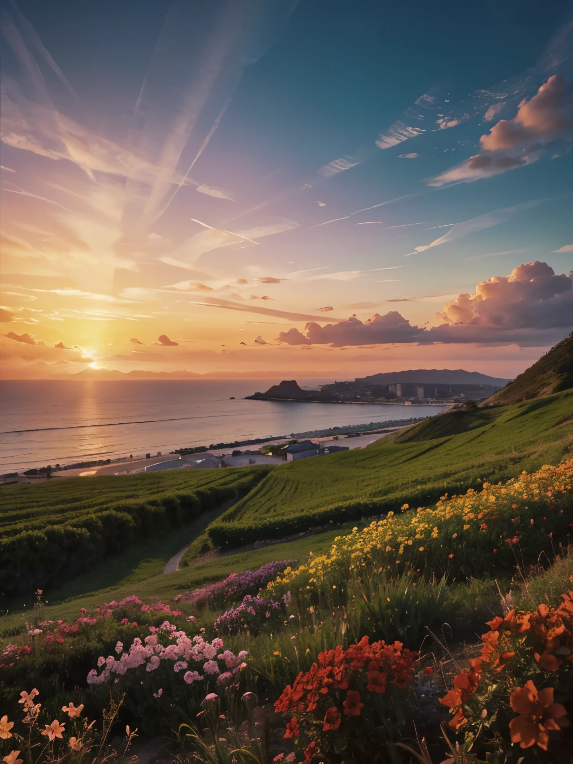 Landscape, foreground, tini flowers, view beautiful sunset, color smooth, sea, realistic, high details, high quality, UHD graphic, 16k rendering