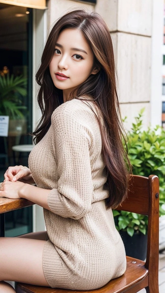 dark brown hair、light brown eyes、Japanese actress face、 lady、looks like him;I'm about 40 years old、(intricate details:1.2)、(Which is the top?:1.4)、 (Super high resolution:1.2)、Super high resolution、(finely tuned)、(detailed facial features)、nffsw、8K resolution、D cup size breasts、long hair、Paris、Parisのカフェ、White flowers bloom at the entrance of the cafe.、Cafe entrance surrounded by flowers、sitting on a chair on the terrace of a cafe、leaning on the back of the chair、beautiful legs、full body photo、head to toe shot、