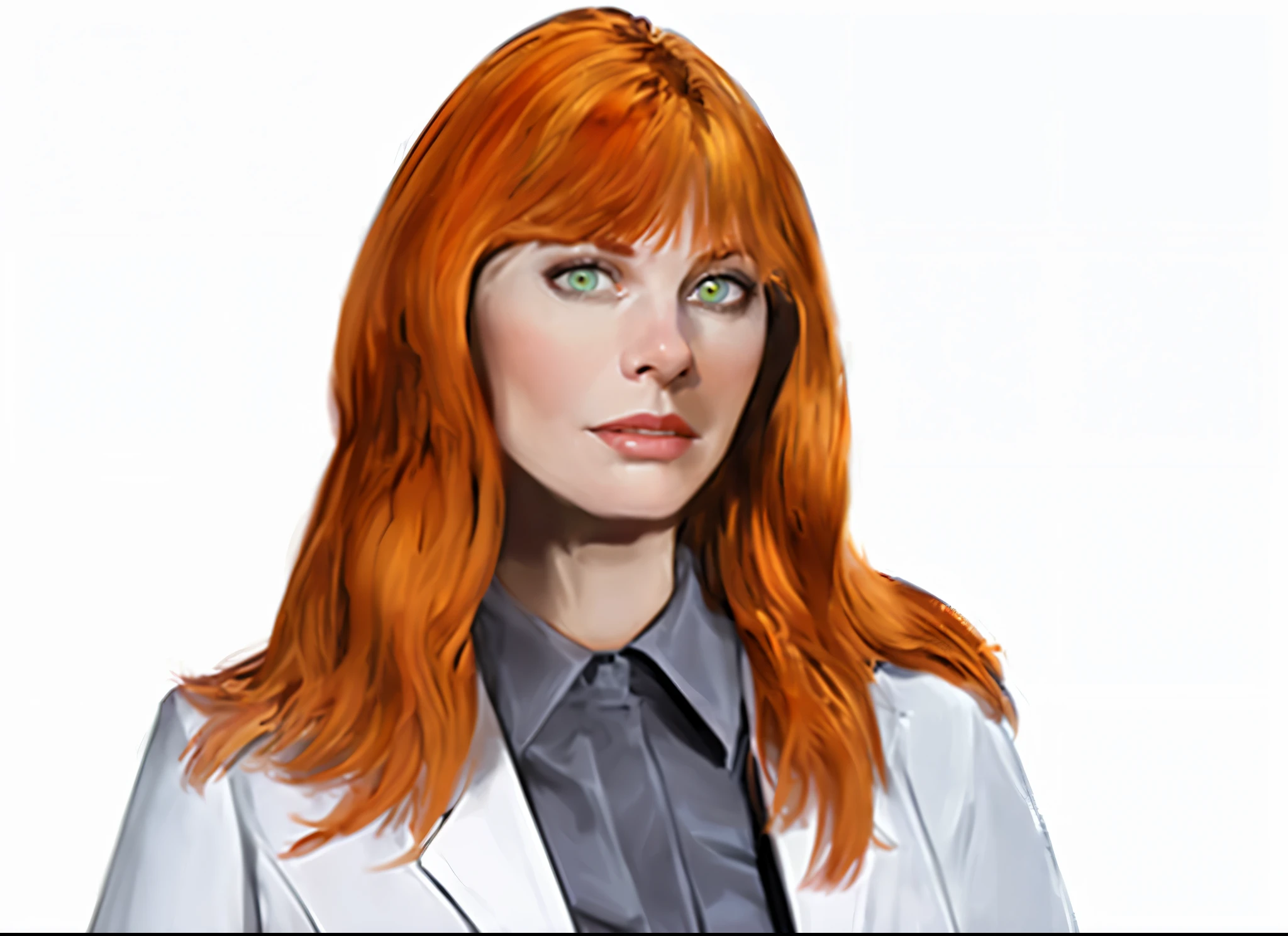 portrait, redhead, bangs, green eyes, white skin, beautiful, labcoat, grey collared shirt,