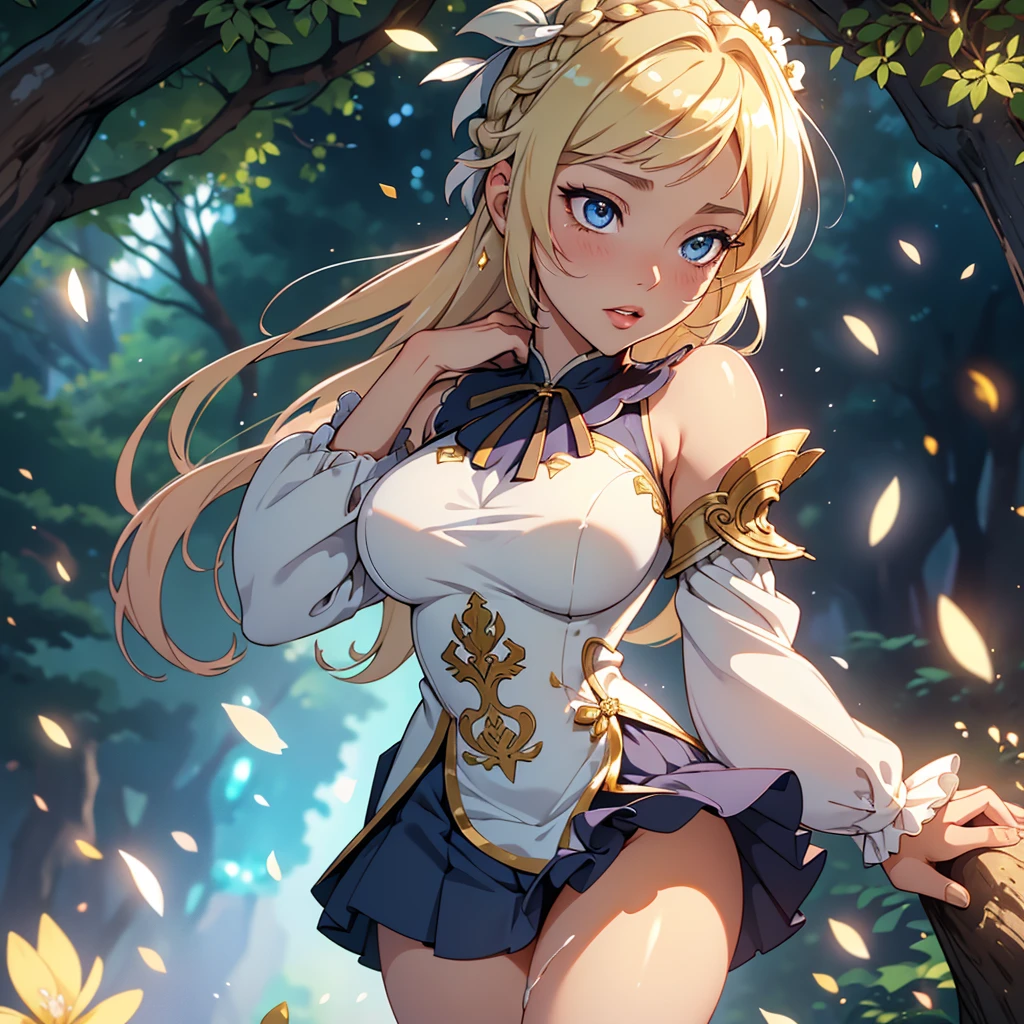 finest image, portrait, beautiful cute woman, amorous expression, lewd expression, ecstasy, orgasm, blonde braided bangs iridescent short hair, gold sparkling big eyes, red alluring moist big thick lips, medium breasts, slender, perfect proportion, long thin legs, navy blue and white girly ruffle dress, skirt lift, white panty, white knee high socks, thighs, background fantasy, a hill with a large tree full of fresh greenery, that emits fantastic light, light particles, light sparkles, petals, scatter gold and silver glitter and confetti, iridescent light particles, detailed and delicate depiction, professional lighting, ((Lumine from genshin impact))