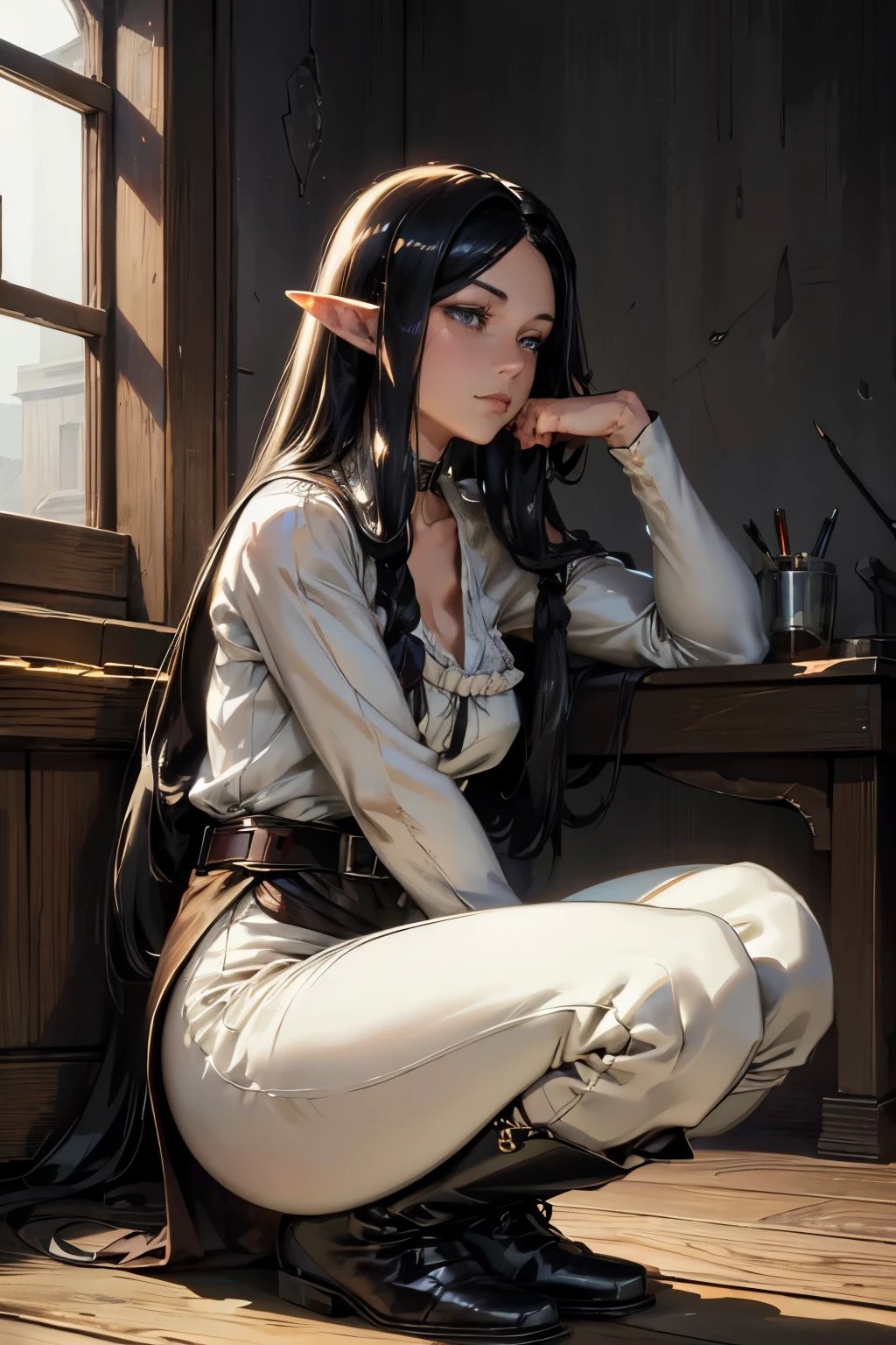 solo, ((masterpiece)),((high resolution)),((best quality)), extremely fine and beautiful, super fine illustration, (realistic skin), (insanely detailed anime eyes), mature, vivid and beautiful, shocking sensation, incredibly detailed, beautiful detailed girl, (medium supple breasts:0.7), side view, looking at customer, black hair, (elf), (medium long elf ears), (white tunic, brown jerkin, brown medieval pants, soft brown boots:1.0) ((black hair)), (very long hair), (small breasts:0.9), (plump thighs:0.6), (wide hips:0.7), (plump ass:0.7) movie lighting, perfect shadow, realistic lighting shaded, medieval fantasy street scenery