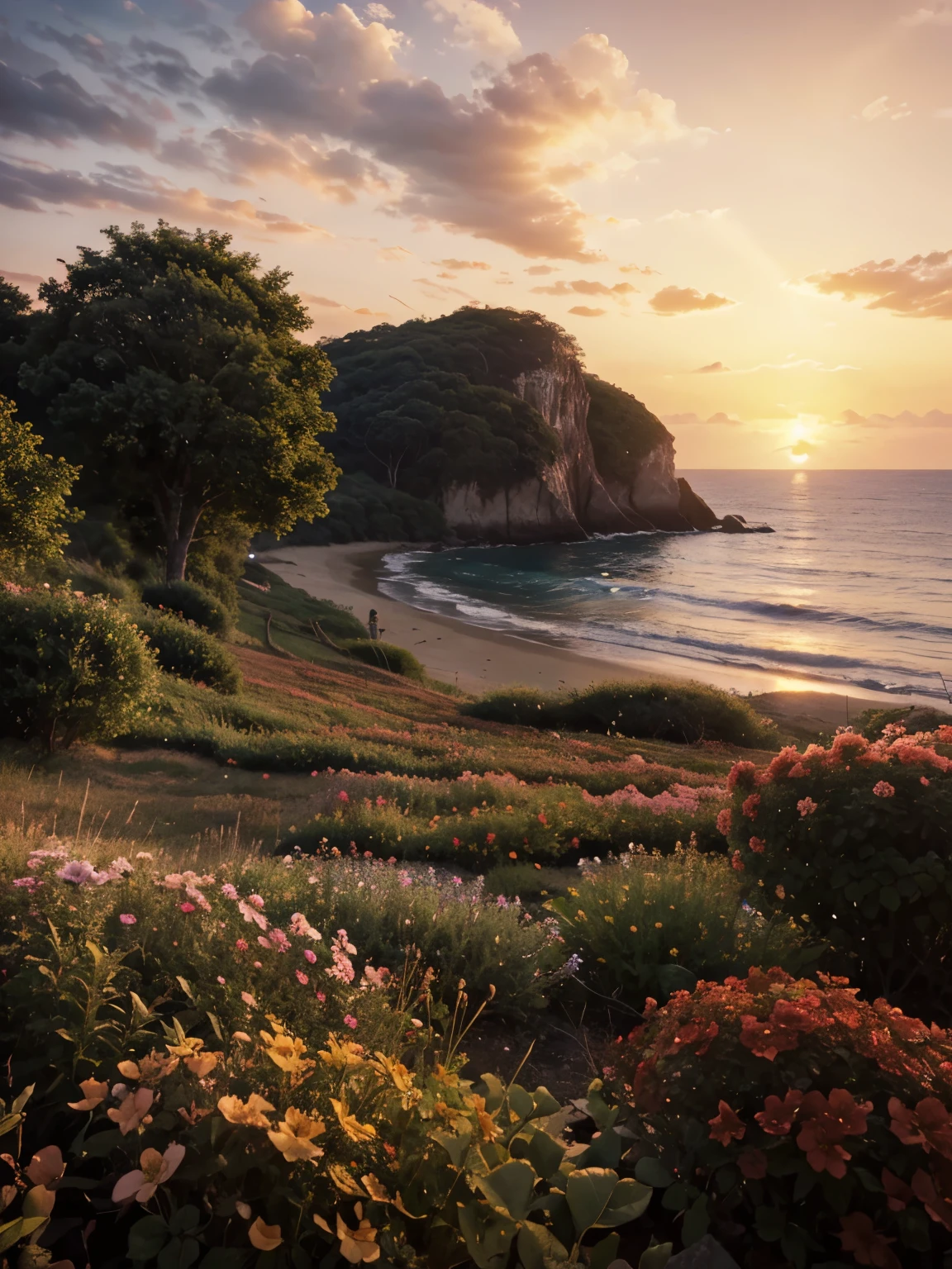 Landscape, foreground, tini flowers, view beautiful sunset, color smooth, sea, realistic, high details, high quality, UHD graphic, 16k rendering