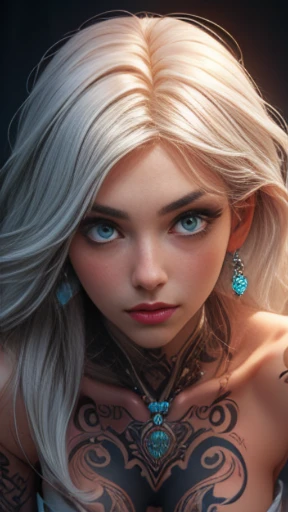 ((work of art)), ((best quality)), ((slightly above (cowboy shot): 1.0). A woman, 26 years old, ((platinum_hair)), white, silver hair, long hair, dreadlocks, platinum eyebrows, ((platinum_hair):1.0), beautiful girl, ((perfect_face)), perfect facial proportions, suitable eye size, suitable nose shape, light_Green_eyes, fair skin, complexion pale, ((perfect_face):1.2), (perfect body: 1.0), (leaning forward,  tribal tattoo on the body. --ar: 0.4