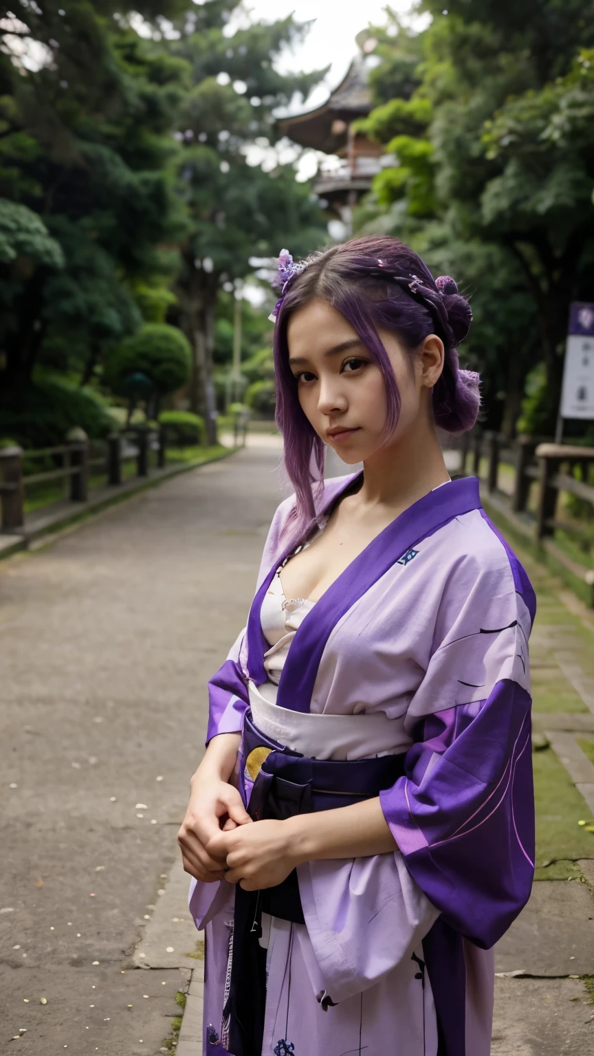 Menina bonita, menina jovem, 23 anos, Cabelo absurdamente longos, cabelo pintado todo de roxo, com um Kimono japones feminino de cor roxo, mulher japonesa, fundo em um parque, apaixonada, realista.