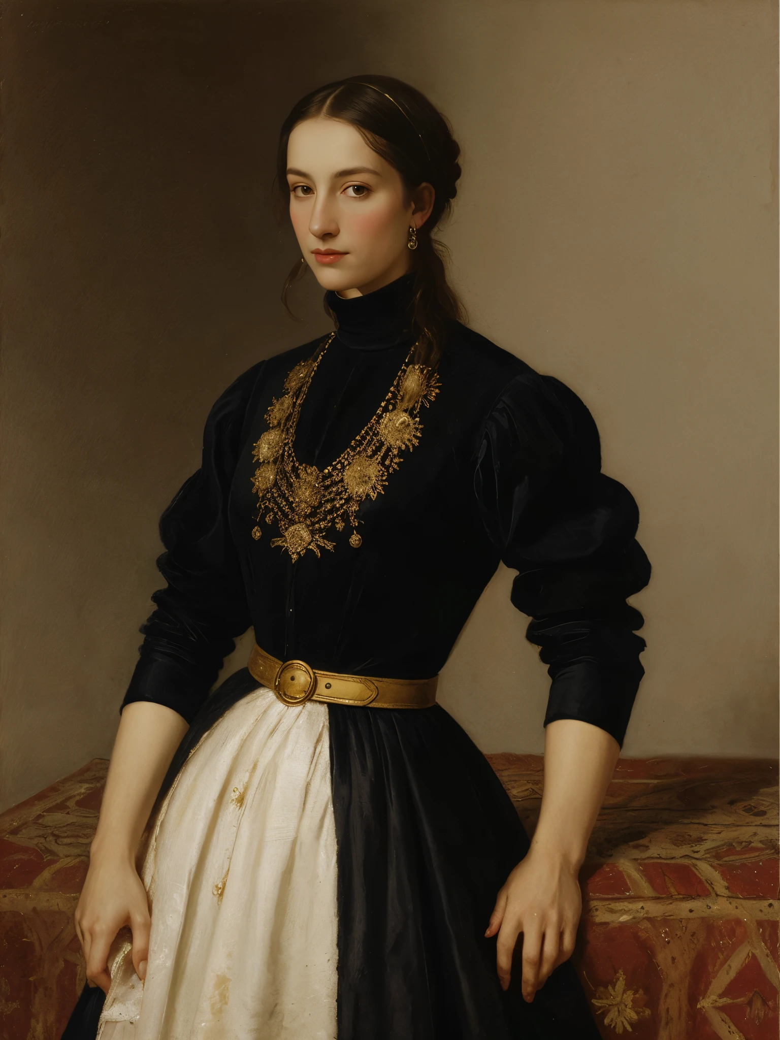 Art by Sofonisba Anguissola, black haired noblewoman with fancy black and gold turtleneck dress