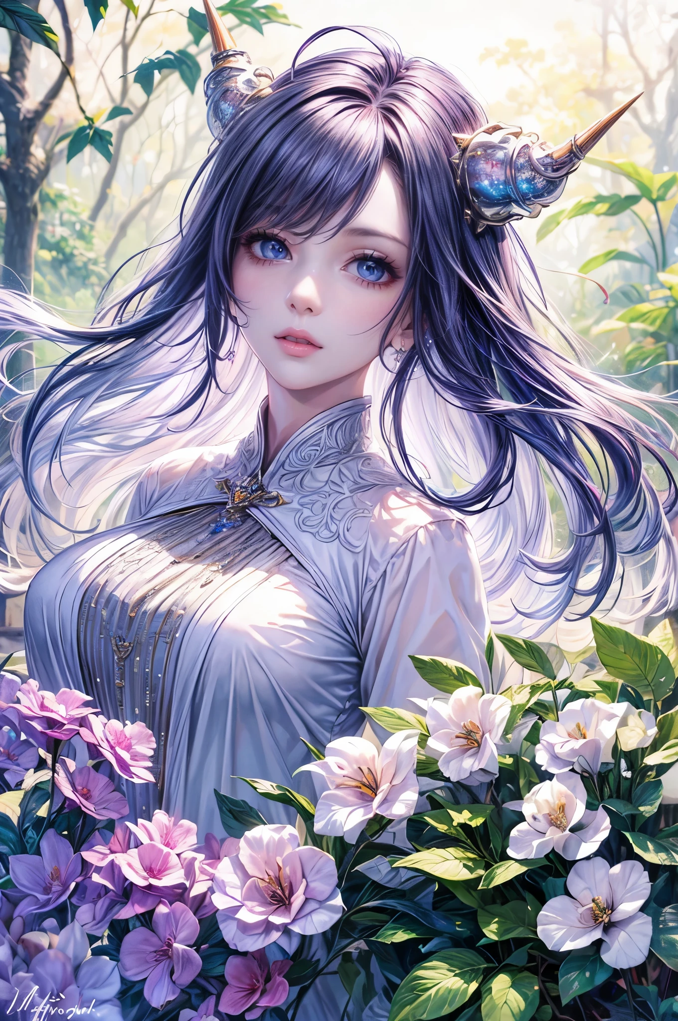 (best quality,4k,highres,masterpiece:1.2),ultra-detailed,realistic,hair:long white,eyes:purple,personification,unicorn,girl,beautiful detailed eyes,detailed lips,feminine,soft expression,fair skin,purple irises,horn,flowing mane,angelic appearance,ethereal,white dress,sparkling crystals,enchanting garden scene,lush greenery,colorful flowers,sunlight filtering through trees,soft bokeh effect,majestic presence,magical atmosphere
