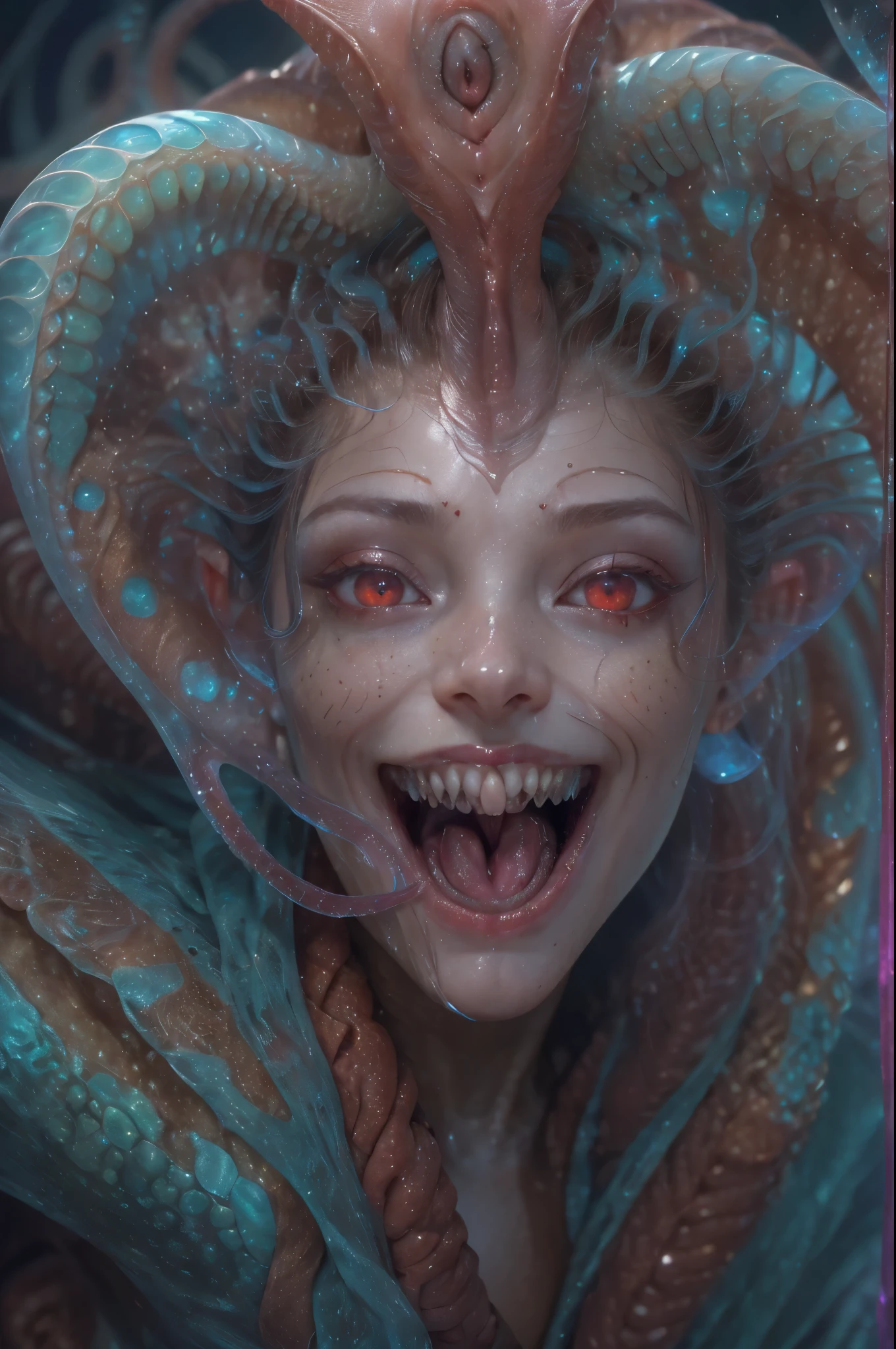 scary and sexy detailed art in color, Portrait, (beautiful and obscene female alien:1.4), (vulgarity1.7), (she has red eyes with no pupils:1.8), (Translucent skin:1.7), (There is a female genital-like organ in the middle of the forehead:1.9), (The most beautiful face in the history of the universe:1.2),an evil gaze that seduces, (large mouth:1.1), (sharp teeth like a vampire:1.2), Full body portrait, (bio luminescent:1.5), (Smile wickedly:1.3), (sexypose:1.5), alien, No humans, cells are fused, (Lots of translucent tentacles:1.3) extraterrestrial, cell, bio image, best quality, 8K,In 4K_quality, High freshness, Dramatic Lighting, masutepiece:1.5,cinematic quality, detail up, (exquisite details:1.2), high resolution, High freshness, drawing faithfully, (Thick eyebrows:1.2), Beautiful eyes with fine symmetry,(Highly detailed face and eyes:1.2), Intimate face, (Super detailed skin quality feeling:1.4), perfect anatomy, (Beautiful toned body:1.5), (Moist skin:1.2), not wearing makeup, (dark circles:1.1), long canines, cinematic drawing of characters, ultra high quality model, cinematic quality, detail up, (exquisite details:1.2), high resolution, High freshness, drawing faithfully, official art, Unity 8K Wall paper, best quality, Very high resolution, ultra detailed artistic photography, midnight aura, unreal engine 5, Ultra Sharp Focus, art by Amano Yoshitaka, ArtGerm, Roisch, intricate artwork, best quality, masterpiece, ultra high resolution, (photos realistic:1.4), ultra realistic realism, dream-like, nautilus, Creation of fantasy, Snail, Dream Snail, (biopunk nautilus:1.3),Thrilling color schemes, ultra realistic realism, seductively smiling, Blue tentacles, Amazing mutation, well-proportioned body, goddess of the deep sea