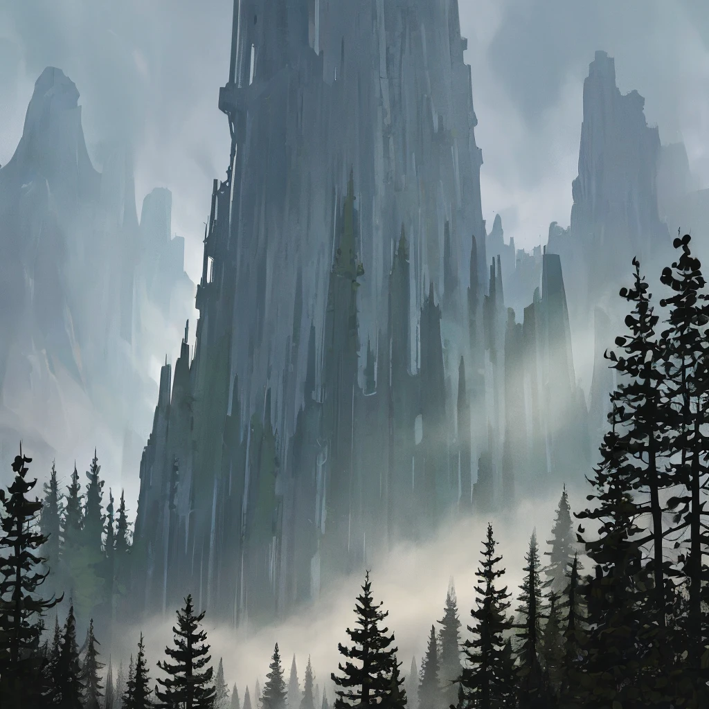 Forest with tall trees and a misty fog. Looking up at sky where dragons are flying.