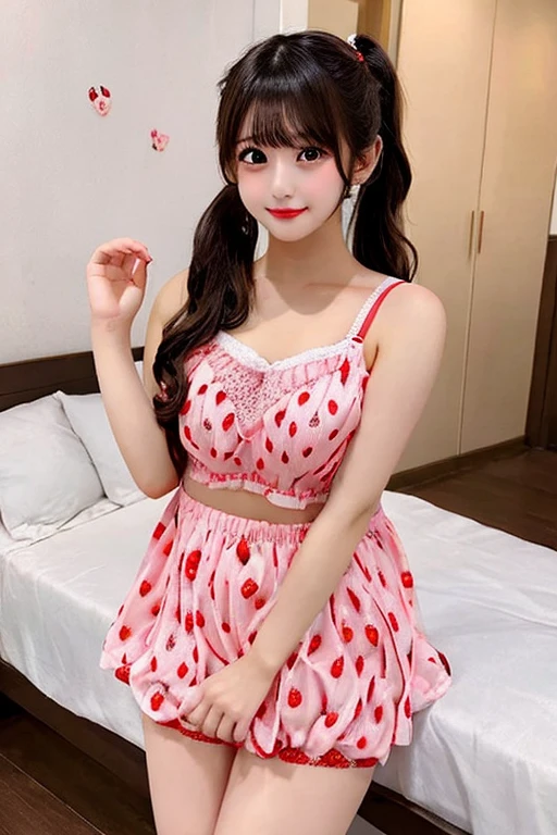 ((hip shooting、Full body shot、super high quality、masterpiece、super resolution、８In K))、(10 year old female model(Idol style super cute face:1.2))、(Japanese beautiful girl(make eyes clear:1.3)、(She has a super beautiful girl face and is super cute、A sloppy smile、Makeup is natural makeup、Looking at the camera)、(Brown、Hair style is ponytail、Bangs are crisp)、((Super cute strawberry pattern see-through nightgown set cute bra shorts set))、