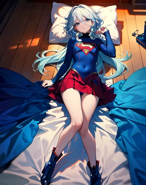 ((highest quality, masterpiece, disorganized) ，supergirl，sleeping face up in bed，Crab crotch，M-shaped legs，please show me your boots , ************,long hair, hair with volume, hair loss, expressive eyes,Blue Bodysuit，red skirt，red heel boots，blue leotard，view of other buildings ,defeat，detailed description，solo 1 girl，full body shot，masturbation，Shame on you，