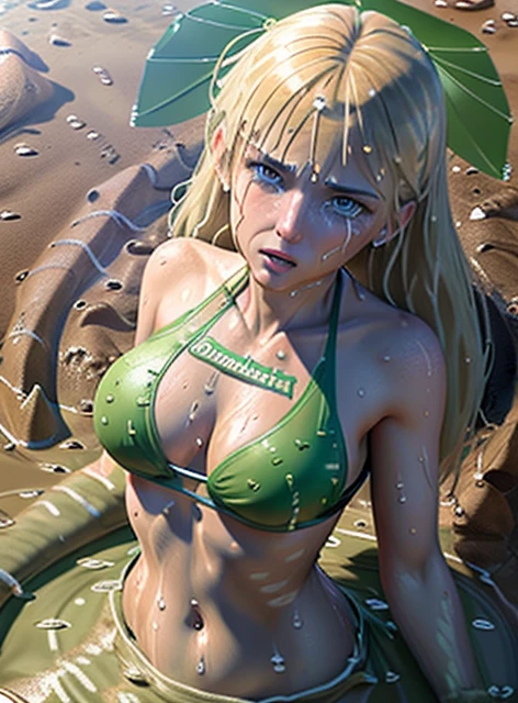 extremely detailed CG unity 16K wallpaper, best quality, masterpiece, (raw photography, photorealistic:1.1), ultra-high resolution, ultra high res, depth of field, sharp focus, (correct anatomy:1.5), (intricately detailed face, ultra-realistic skin texture:1.4), from front, upper body shot, 1 girl, (caucasian:1.5), , solo, looking at viewer, fairly detailed skin, wet, blond hair, ponytail, highly realistic eyes, blue and bright eyes, highly realistic nose, tall nose, fairly detailed lips, (crying:1.4), slender, beautiful breast, perfect body proportion, ((green bikini:1.4)), (((abdomen is buried in quicksand:1.5))), ((partially buried in quicksand:1.5)), (((gradually sinking into quicksand:1.2))), (((outdoor, summer, quicksand, beach:1.4)))