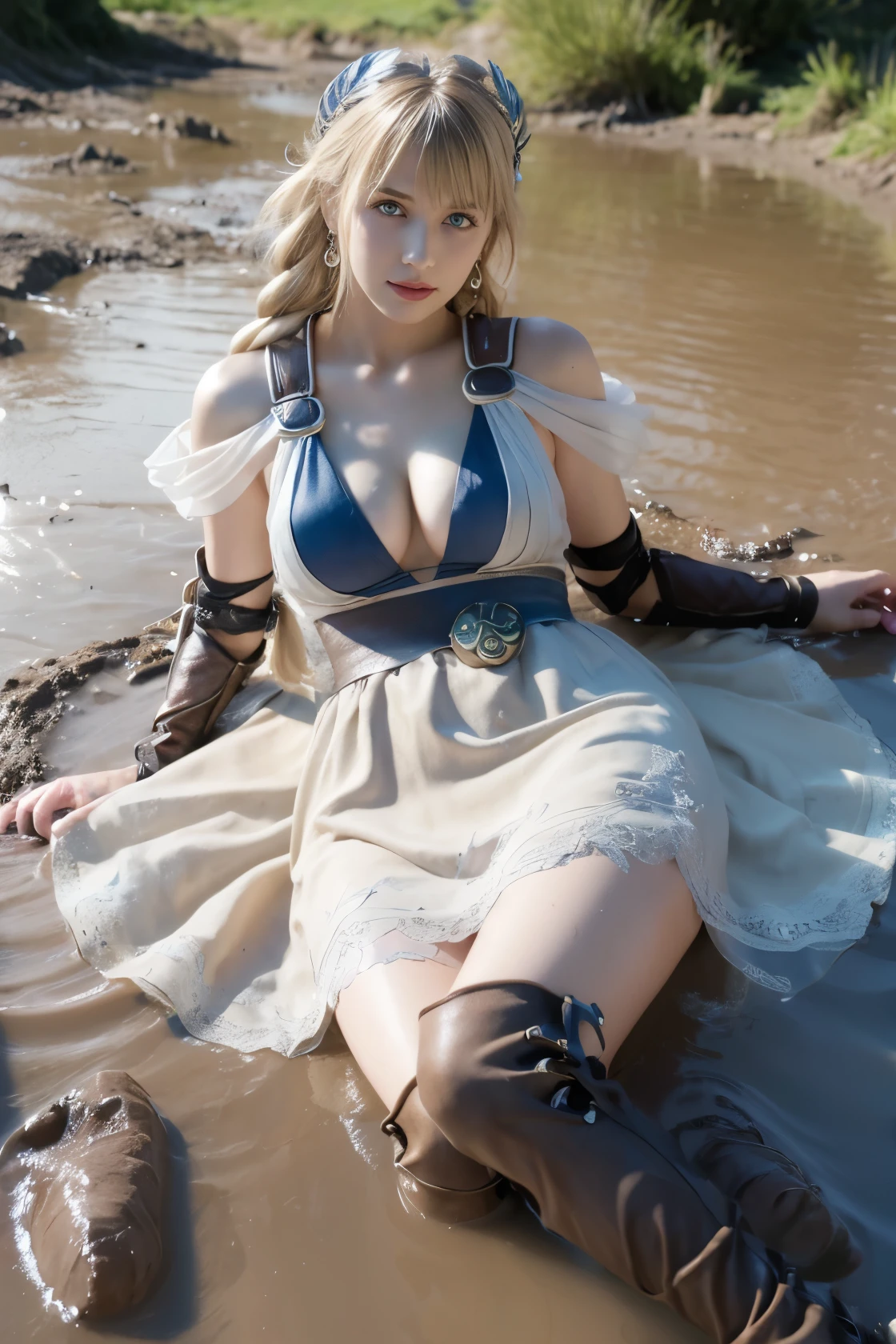 surreal pictures, Sophitia dirty with mud, open your mouth, bright red lipstick, Mud flows thickly over my body, high heels covered in mud, choker with mud, muddy decolletage, There's mud on my face, muddy face, A woman in her 20s covered in mud,、 Underbust corset with mud splash, muddy white fishnet stockings, hair covered in mud, muddy corset, high quality, realistic lighting, center of photo, 8K, HDR, BDSM, medium chest size, long legs, professional photography of women, Natural skin texture with plenty of mud, 4K texture, adobe light room, photo lab, HDR, complicated, very detailed, sharp focus, insane details, complicatede Details, hyper detail, bright movie theater lights, outdoor atmosphere, lifted my chin, (exposed belly: 1,8 )Super realistic,(masterpiece:1.4),(最high quality:1.4),(confused:1.4),pin up, Sophitia covered in mud_whitedress_wife, Sophitia covered in mud_泥で汚れたwhitedress_wife,blonde dirty hair,big breasts,blonde long hair,Braid,blue eyes,jewelry,arm,cleavage,sword,armor,shield,earrings,single Braid,dress,belt,See-through,covered nipples,armored dress,huge breasts,hair ornaments,white dress,holding arm,very long hair,lips,bare shoulders,bangs,gloves,hair ribbon,necklace,skirt,clavicle,feather,revealing clothes,bangle,elbow gloves,greek clothing,Braided ponytail, (confused, High resolution, Unbelievably_confused:1.4),scenery,masterpiece,very dirty clothes,dirty smell,lie on your back in the mud,swim in the mud,fall into the mud