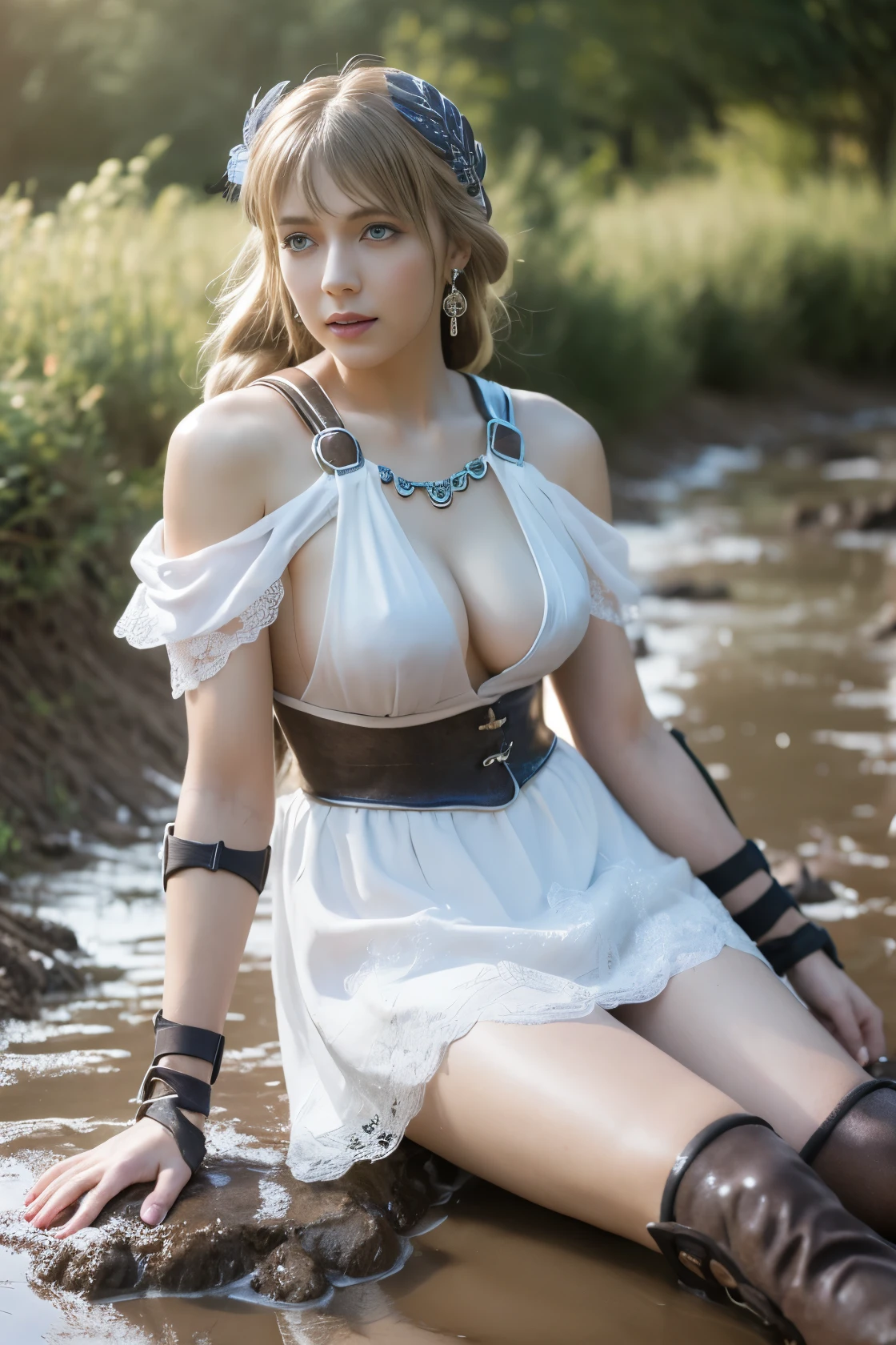 Sophitia with a pained expression、surreal pictures, Sophitia dirty with mud, open your mouth, bright red lipstick, Mud flows thickly over my body, high heels covered in mud, choker with mud, muddy decolletage, There's mud on my face, muddy face, A woman in her 20s covered in mud,、 Underbust corset with mud splash, muddy white fishnet stockings, hair covered in mud, muddy corset, high quality, realistic lighting, center of photo, 8K, HDR, BDSM, medium chest size, long legs, professional photography of women, Natural skin texture with plenty of mud, 4K texture, adobe light room, photo lab, HDR, complicated, very detailed, sharp focus, insane details, complicatede Details, hyper detail, bright movie theater lights, outdoor atmosphere, lifted my chin, (exposed belly: 1,8 )Super realistic,(masterpiece:1.4),(最high quality:1.4),(confused:1.4),pin up, Sophitia covered in mud_whitedress_wife, Sophitia covered in mud_泥で汚れたwhitedress_wife,blonde dirty hair,big breasts,blonde long hair,Braid,blue eyes,jewelry,arm,cleavage,sword,armor,shield,earrings,single Braid,dress,belt,See-through,covered nipples,armored dress,huge breasts,hair ornaments,white dress,holding arm,very long hair,lips,bare shoulders,bangs,gloves,hair ribbon,necklace,skirt,clavicle,feather,revealing clothes,bangle,elbow gloves,greek clothing,Braided ponytail, (confused, High resolution, Unbelievably_confused:1.4),scenery,masterpiece,very dirty clothes,dirty smell,lie on your back in the mud,swim in the mud,fall into the mud