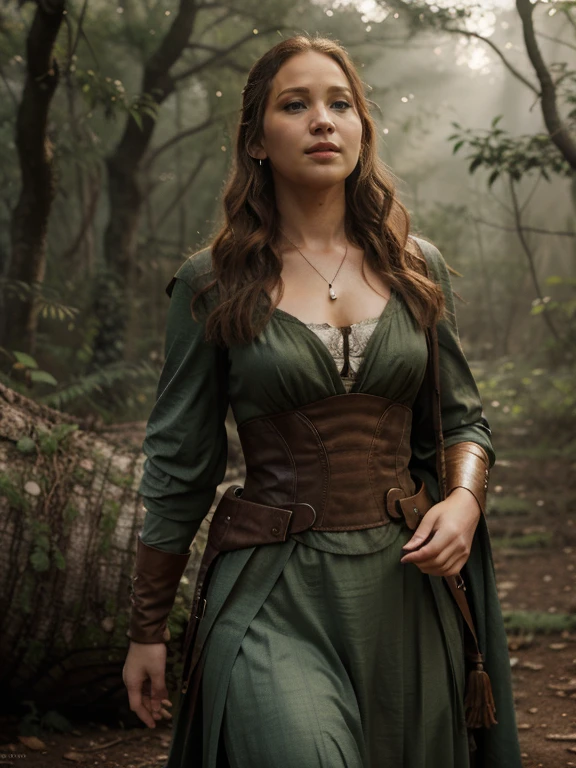 epic closeup photo portrait, increíble cartel de movie, jennifer lawrence es una hermosa joven hada con alas., lord of the rings style, vestido con una tela suave y larga de color verde brillante , colocando el sable en su pecho con cara feroz, al lado de un arroyo, luz natural, a beautiful forest visible through the branches, tendencia en artstation,professional photo studio, uhd, hola detallando, dramatic lighting, luz de fondo,Mejor calidad, alta calidad, high resolution, morning dew natural day lighting, studio lighting,mejora de detalles, high resolution array, profundidad de campo, movie, arte lineal, afilar.