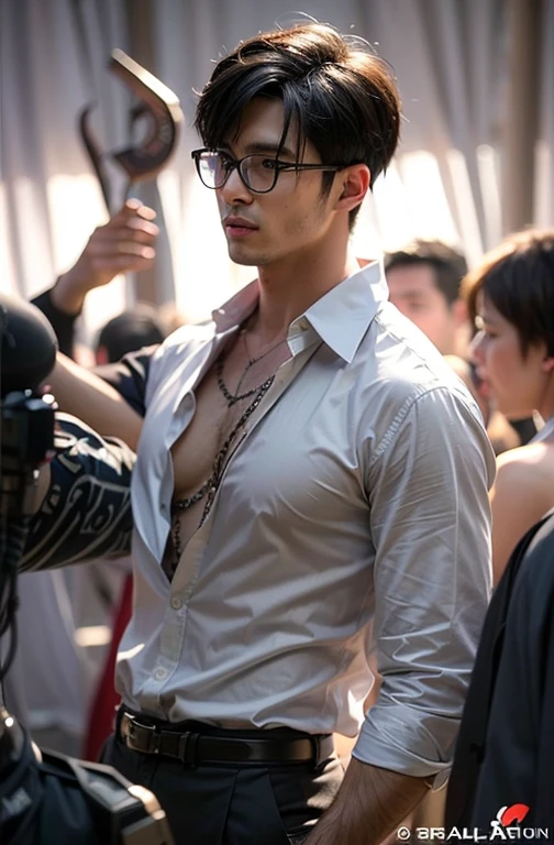 ((High quality)), ((masterpiece)), ((highly detailed)), perfect face, ((realistic)), ((man)), ((Asian)), black hair, comma hair style, glasses, cool eyes, ((handsome)), detailed eyes, beautiful detailed nose, realistic body, realistic light, comfortable exprssions, cute guy, sweat guy, cool guy, ((athletic body)), ((hot body)), party