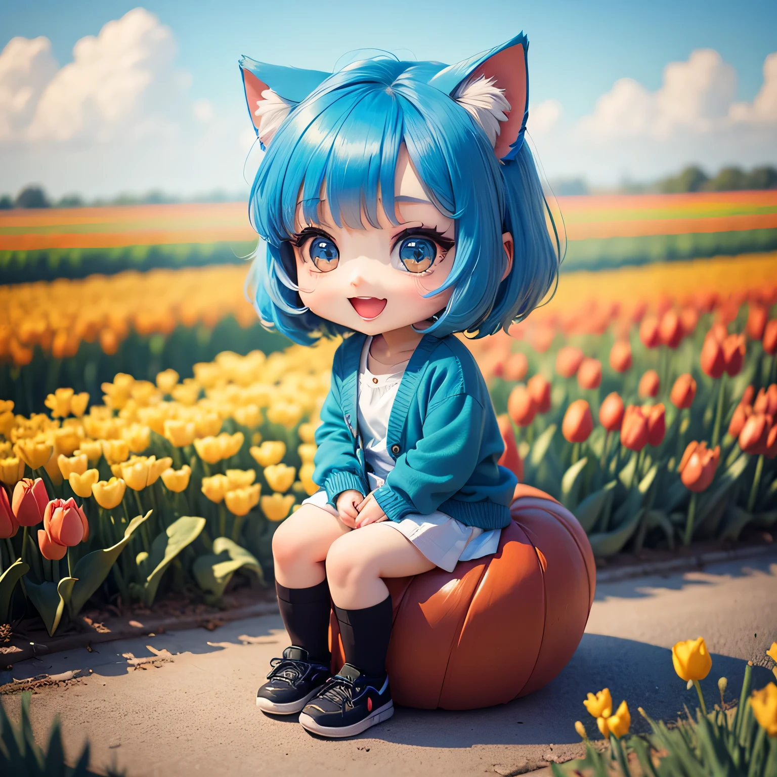masterpiece, top-quality, ultra-detailliert, (chibi chara:1.2), (chibi model), (chibi), chibi girl sit on red tulip, solo, open your mouth and smile, (bob cuts hair), ((sky blue hair)), path traced hair, (sky blue cat ears), ((sky blue eyes)), wearing blue cardigan with plain white shirt, Colorful tulip fields, Dazzling morning light
