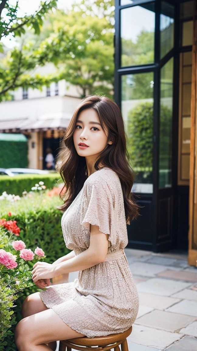 dark brown hair、light brown eyes、Japanese actress face、 lady、looks like him;I&#39;m about 40 years old、(intricate details:1.2)、(Which is the top?:1.4)、 (Super high resolution:1.2)、Super high resolution、(finely tuned)、(detailed facial features)、nffsw、8K resolution、D cup size breasts、long hair、Paris、Parisのカフェ、White flowers bloom at the entrance of the cafe.、Cafe entrance surrounded by flowers、sitting on a chair on the terrace of a cafe、leaning on the back of the chair、beautiful legs、full body photo、head to toe shot、