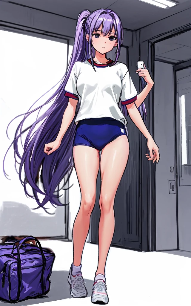 A beautiful woman with beautiful legs and a mature face wearing a ponytail with wisteria-purple hair that reaches shoulder length in the back and a pale pink ribbon is wearing a white gym uniform.、I&#39;m standing in the school hallway wearing dark blue bloomers shaped like panties.。