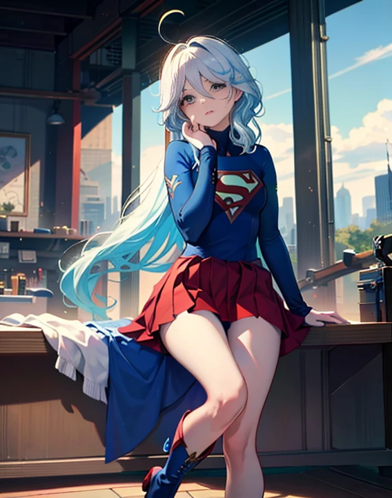 ((highest quality, masterpiece, disorganized) ，supergirl，Crab crotch，M-shaped legs，please show me your boots , 17 years old,long hair, hair with volume, hair loss, expressive eyes,Blue Bodysuit，red skirt，red heel boots，blue leotard，view of other buildings ,defeat，detailed description，solo 1 girl，full body shot，masturbation，Shame on you，Stain your face red，Watery eye，