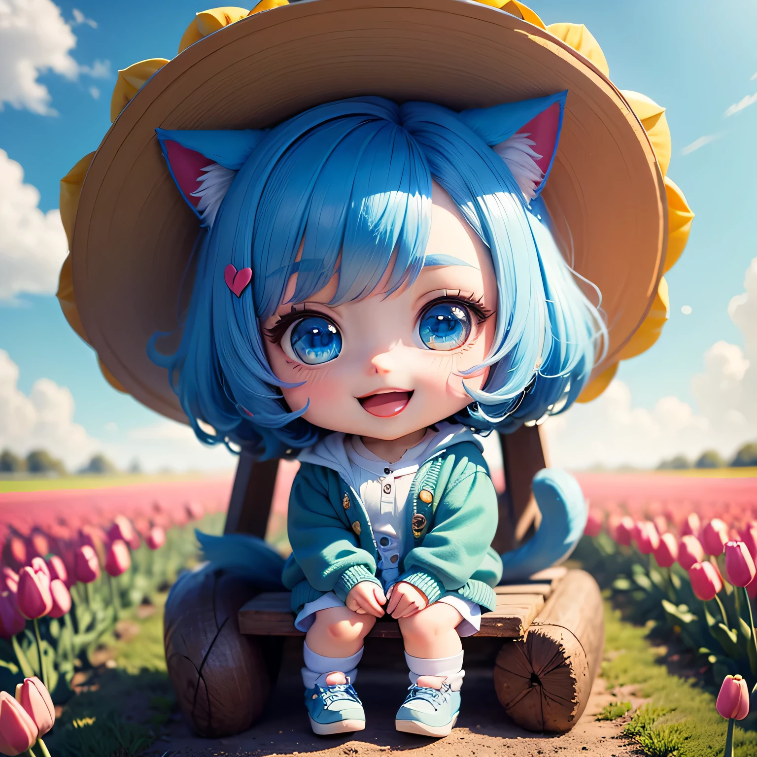 masterpiece, top-quality, ultra-detailliert, (chibi chara:1.2), (chibi model), (chibi), chibi girl sit on red tulip, solo, open your mouth and smile, (bob cuts hair), ((sky blue hair)), path traced hair, (sky blue cat ears), ((sky blue eyes)), wearing blue cardigan with plain white shirt, Colorful tulip fields, Dazzling morning light