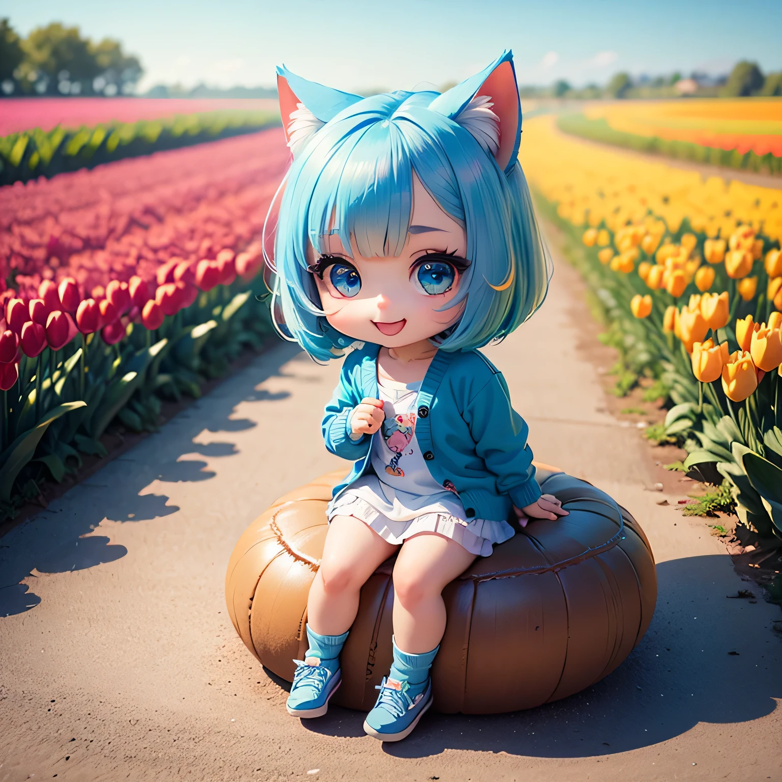 masterpiece, top-quality, ultra-detailliert, (chibi chara:1.2), (chibi model), (chibi), chibi girl sit on red tulip, solo, open your mouth and smile, (bob cuts hair), ((sky blue hair)), path traced hair, (sky blue cat ears), ((sky blue eyes)), wearing blue cardigan with plain white shirt, Colorful tulip fields, Dazzling morning light