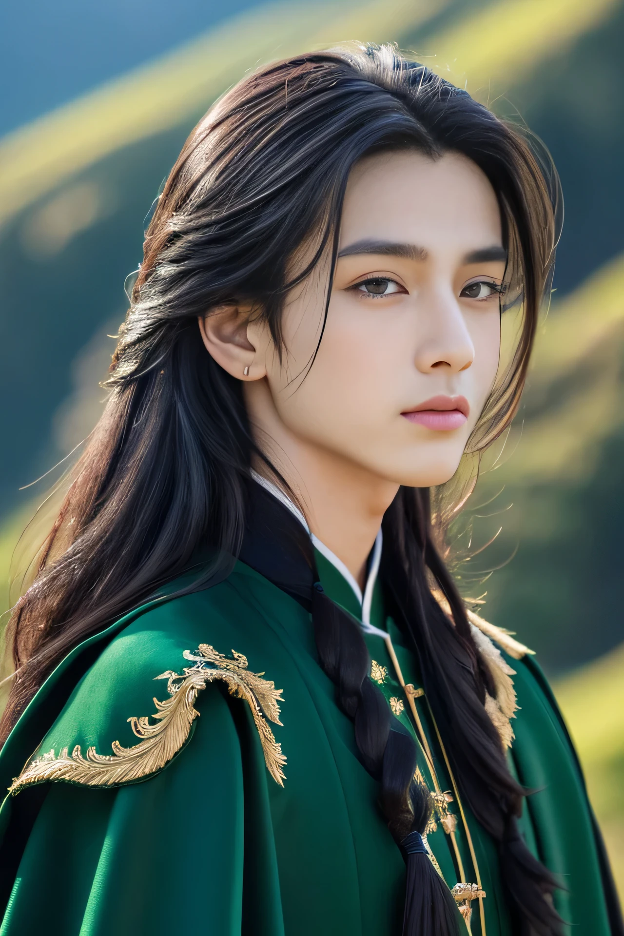 Best quality, masterpiece, ultra high res, (photorealistic:1.4), detailed face, detailed eyes, raw photo, young handsome male, black hair, ((full body)), view from top, (mountain background:1.2), perfect hands, perfect eyes, long black hair, wearing dark green long chinese clothes, dark green long cape, messy long hair, (((1 handsome male)))