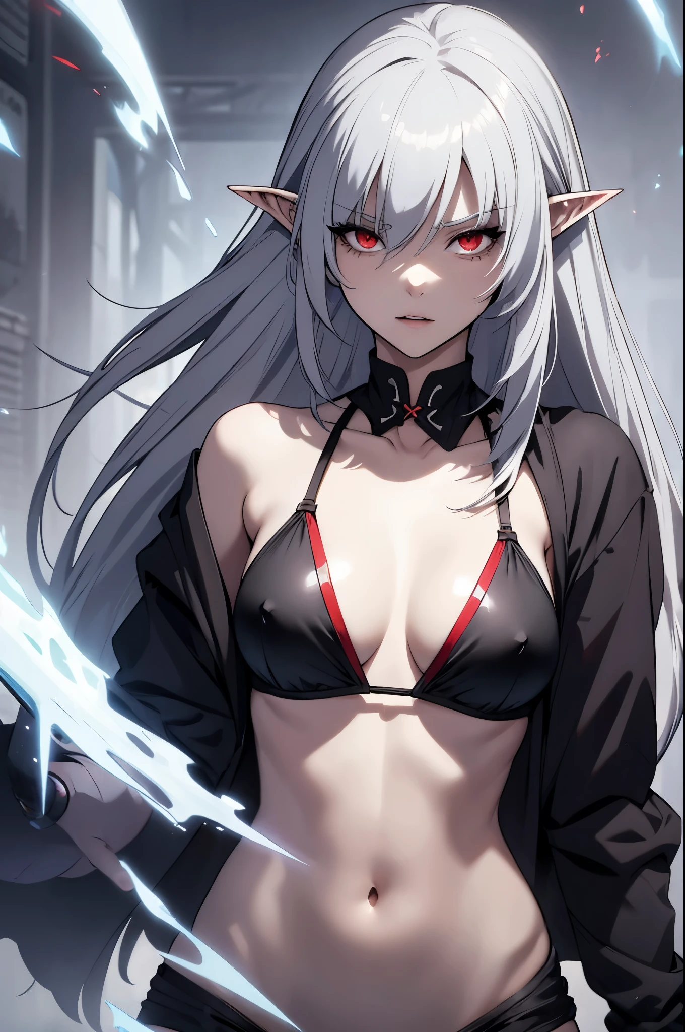 alice,vampire,grey hair, long hair, red eyes, pointy ears, small breasts,((bikini))