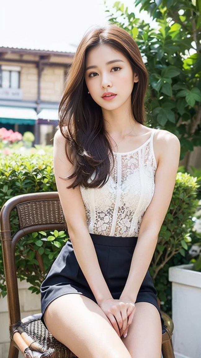 dark brown hair、light brown eyes、Japanese actress face、 lady、looks like him;I&#39;m about 40 years old、(intricate details:1.2)、(Which is the top?:1.4)、 (Super high resolution:1.2)、Super high resolution、(finely tuned)、(detailed facial features)、nffsw、8K resolution、D cup size breasts、long hair、Paris、Parisのカフェ、White flowers bloom at the entrance of the cafe.、Cafe entrance surrounded by flowers、sitting on a chair on the terrace of a cafe、leaning on the back of the chair、beautiful legs、full body photo、head to toe shot、
