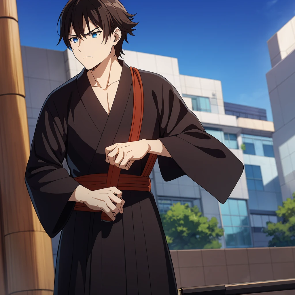 Anime man, brown hair, blue eyes, wears a hakama and haori, calm yet menacing, holds a katana, masterpiece, one character only, handsome, charming, demon slayer art style 